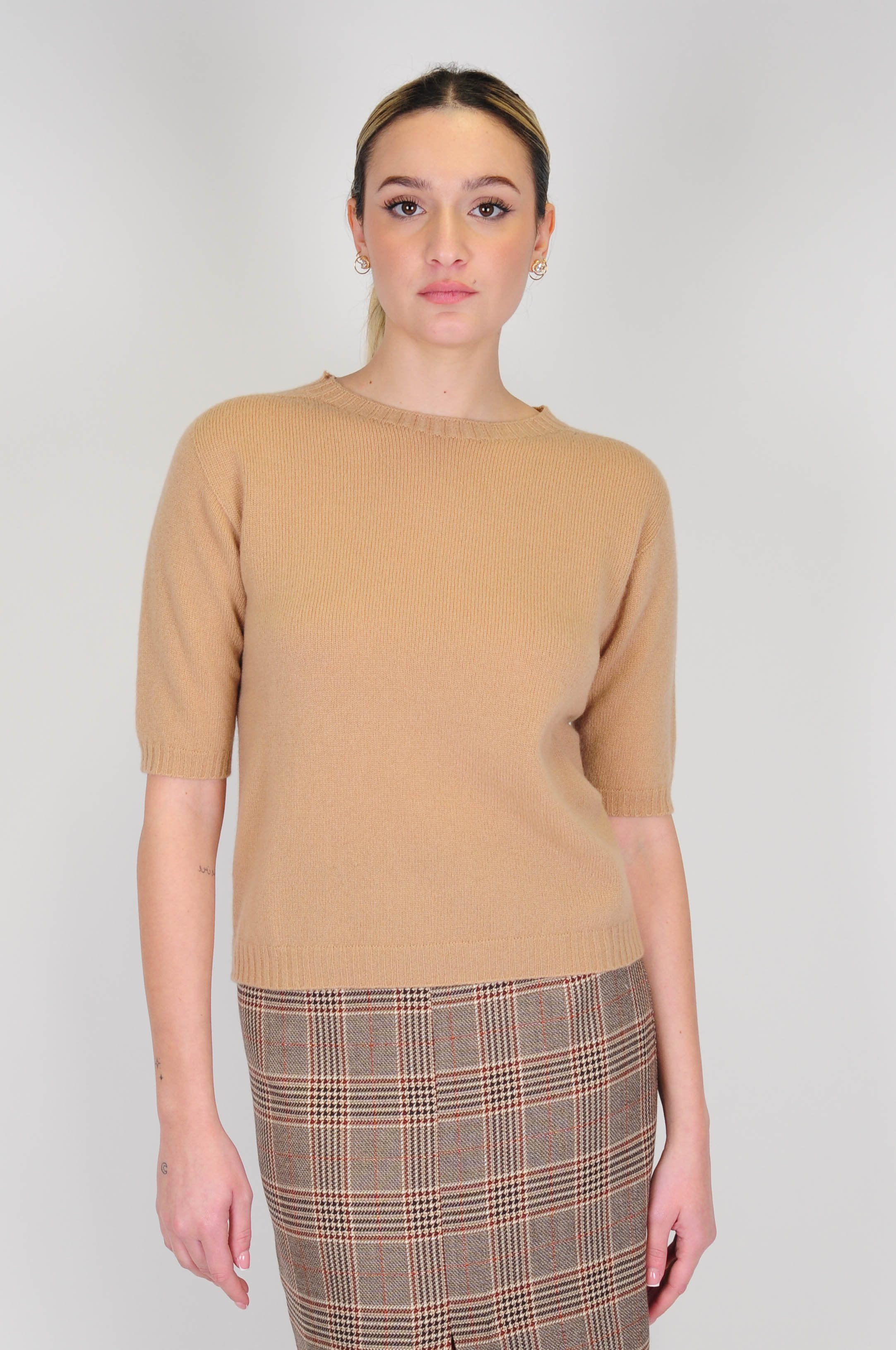 Tensione in - Maglia crop mezza manica in misto cashmere