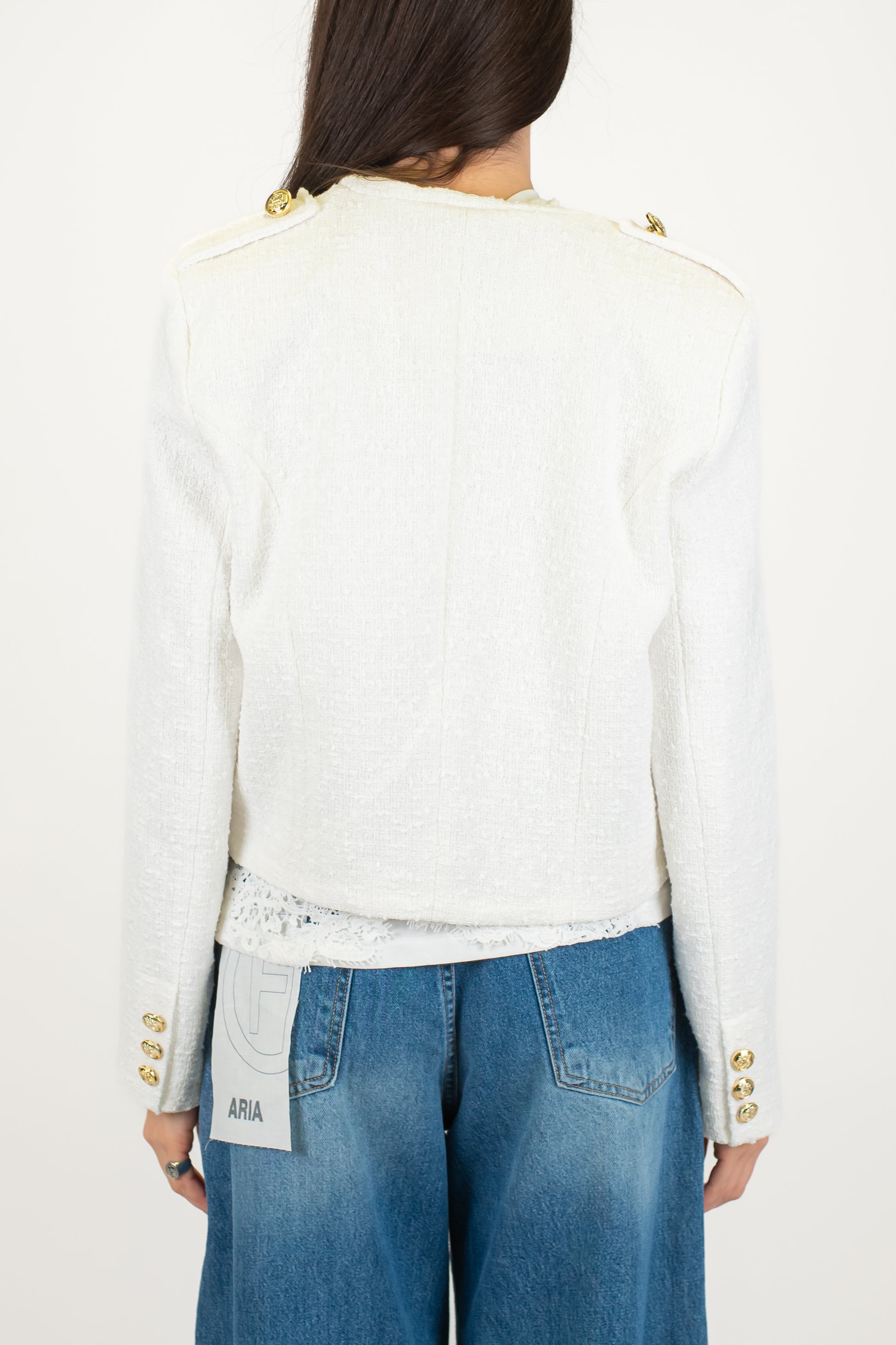 Motel - Giacca crop aperta in tweed modello napoleone con collo coreano