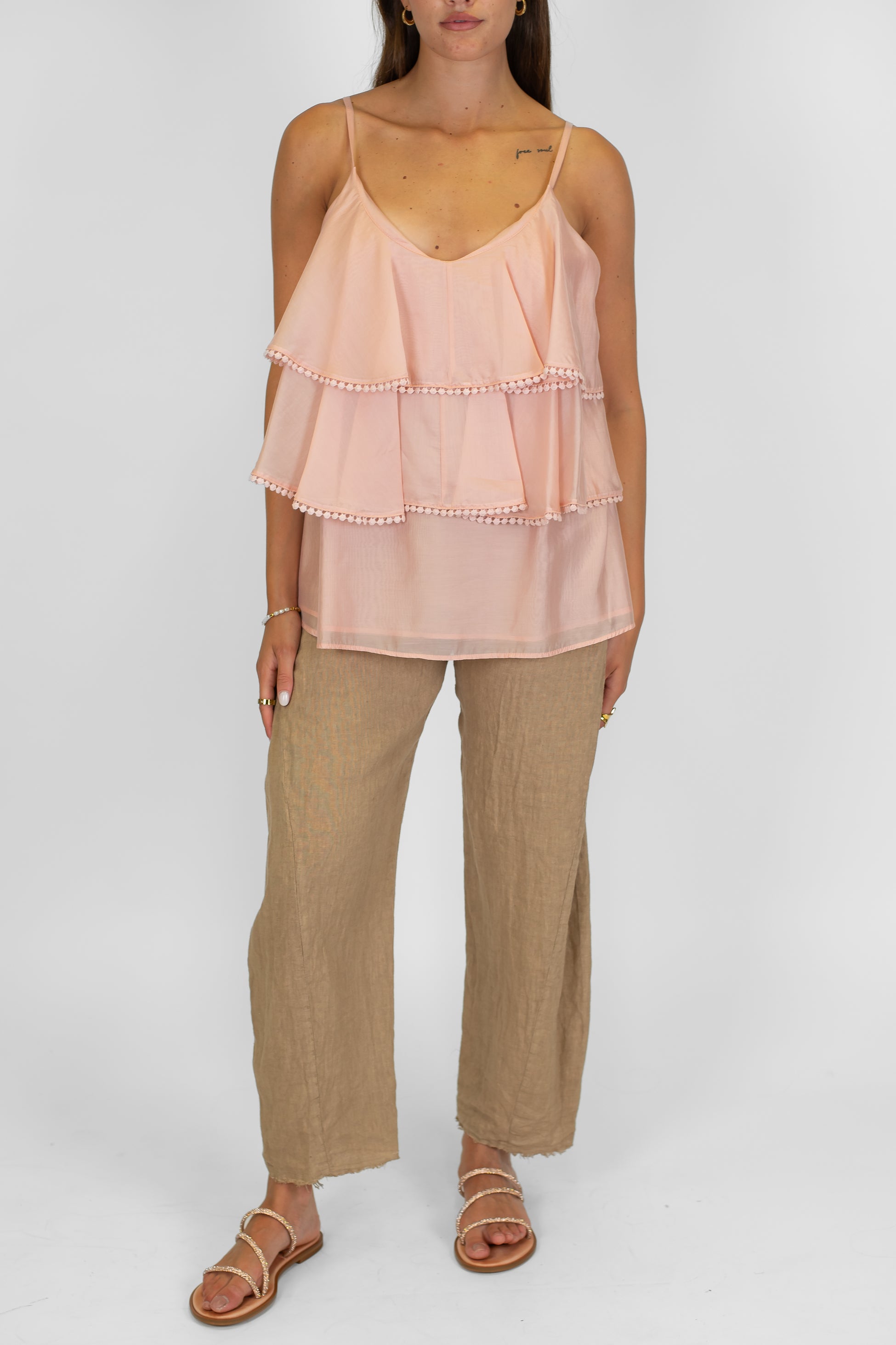 Tensione in - Pantalone balloon 100% lino sfrangiato sotto