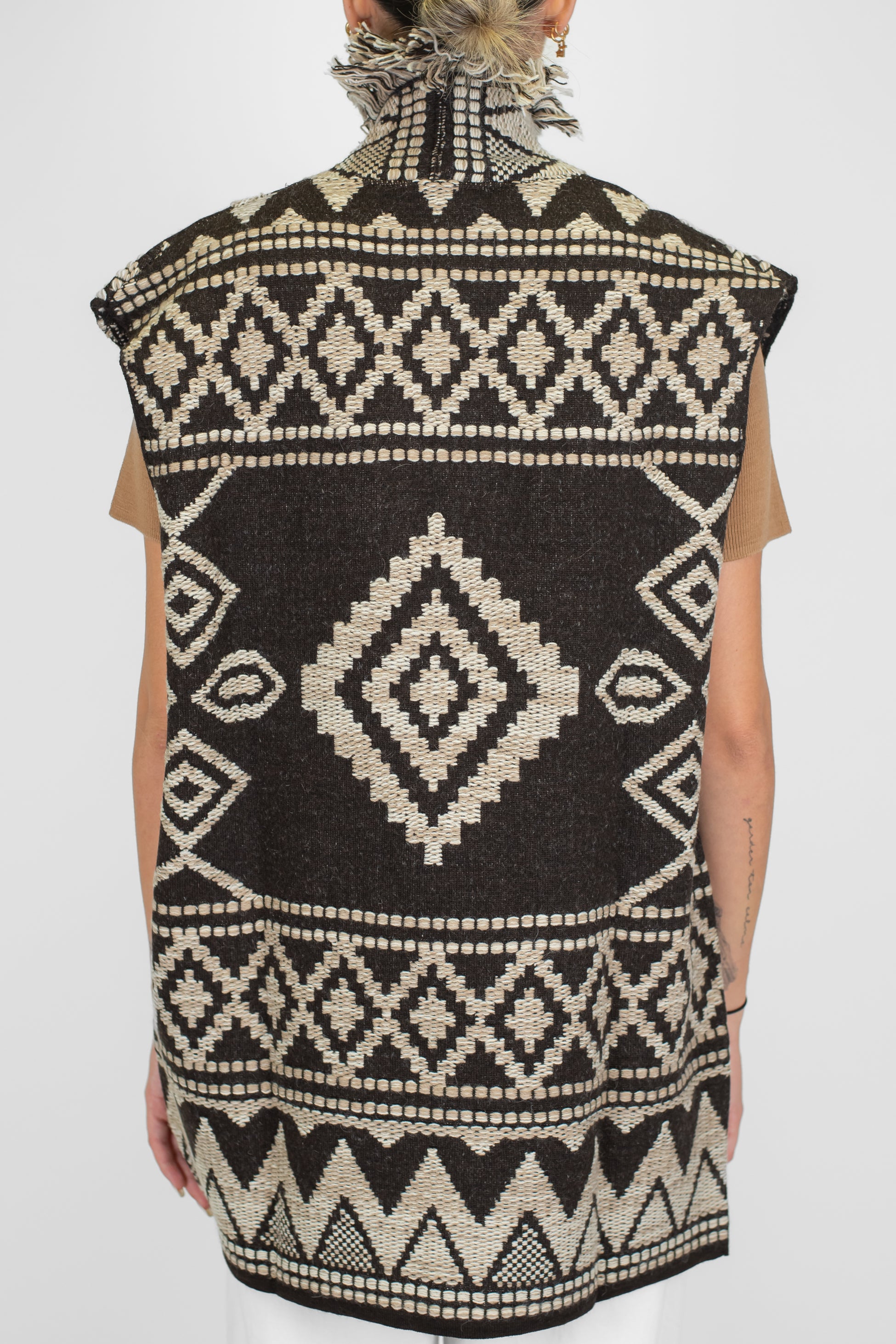 Motel - Gilet lungo aperto fantasia etnica in misto lana con frange