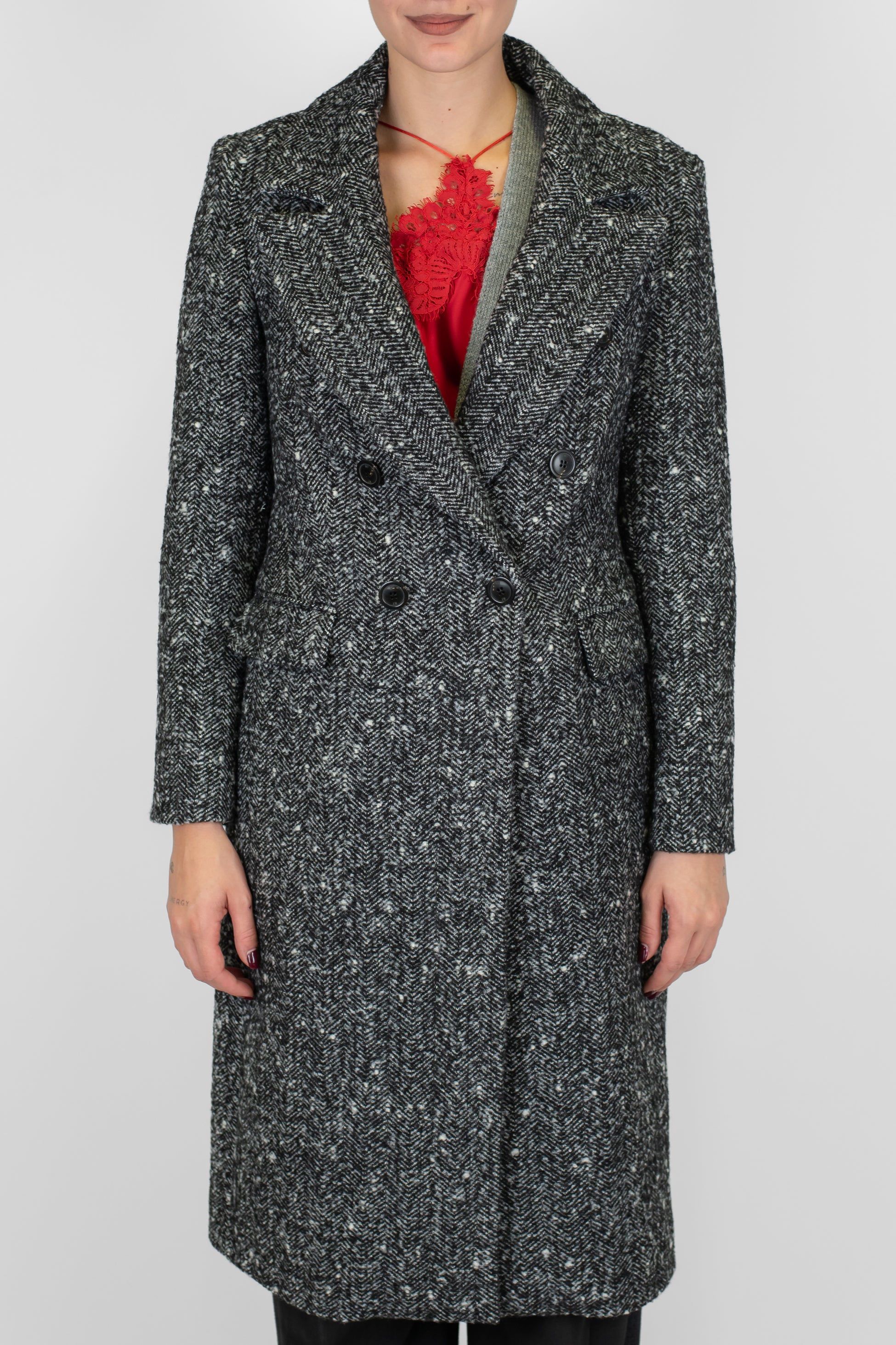 Maryley - Cappotto doppiopetto fantasia spigata in misto lana