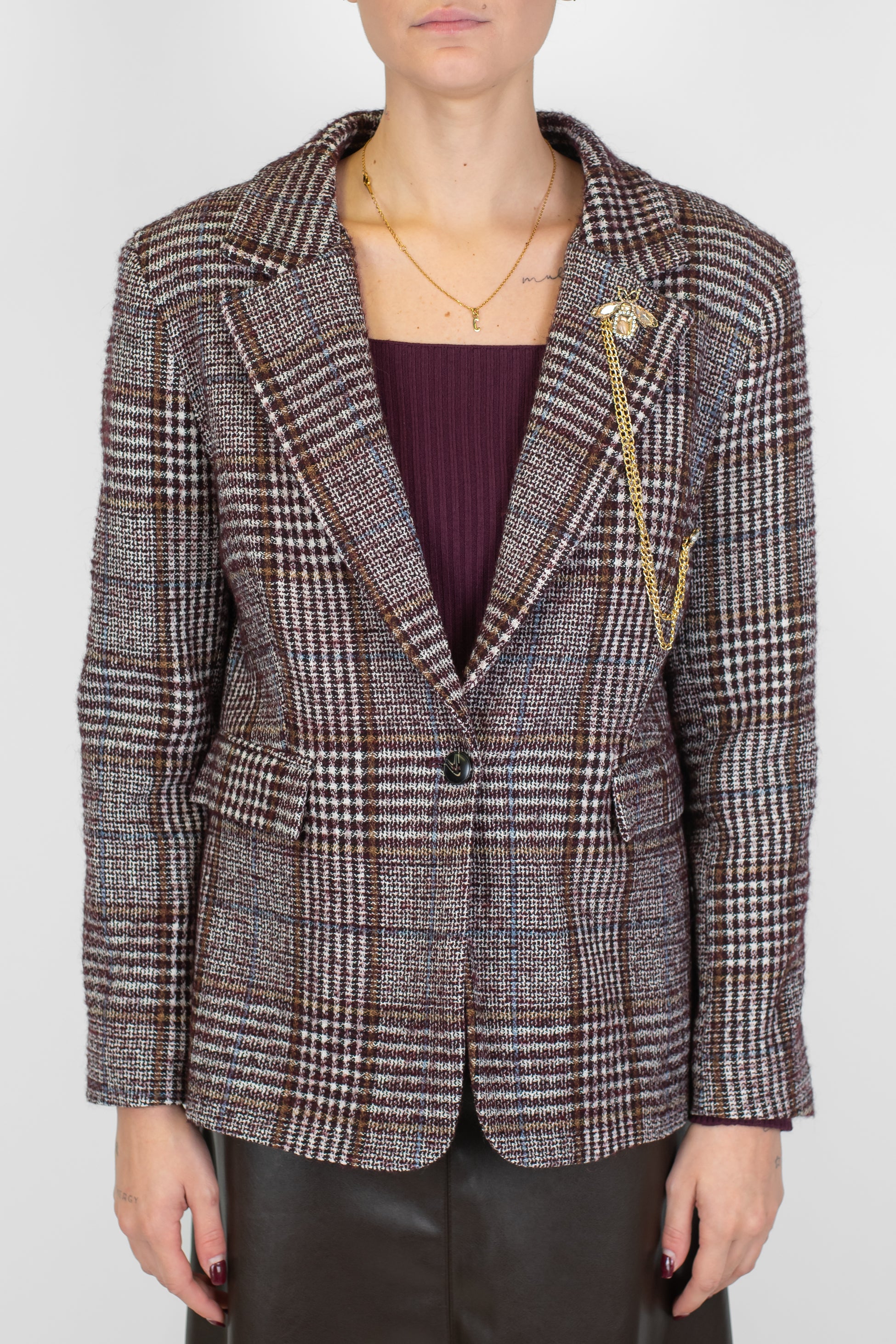 Motel - Giacca fantasia principe di galles in misto lana con spilla