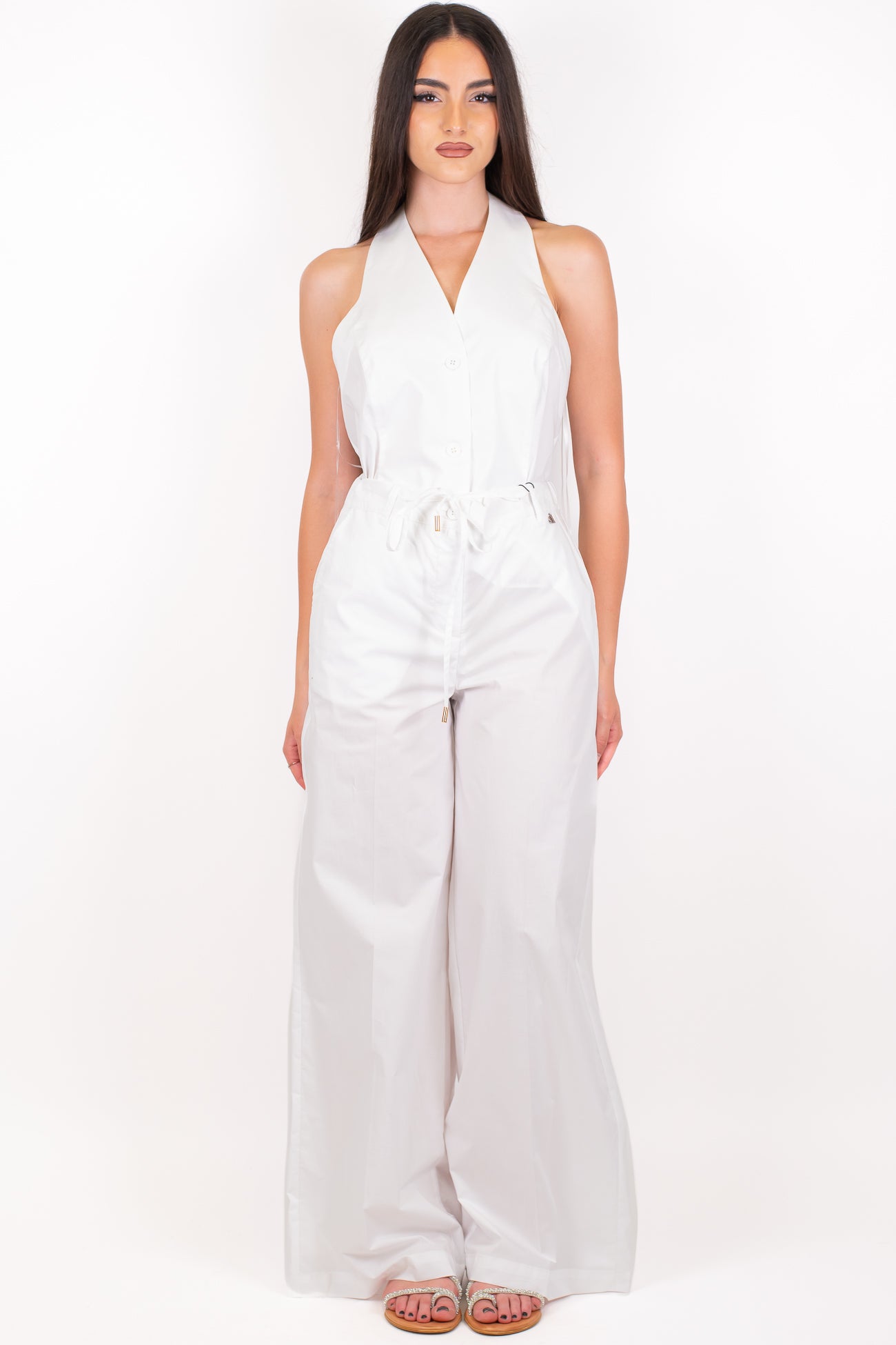 Dixie - Coordinato in cotone tela paracadute con top scollo americano e pantalone palazzo con elastico sul retro