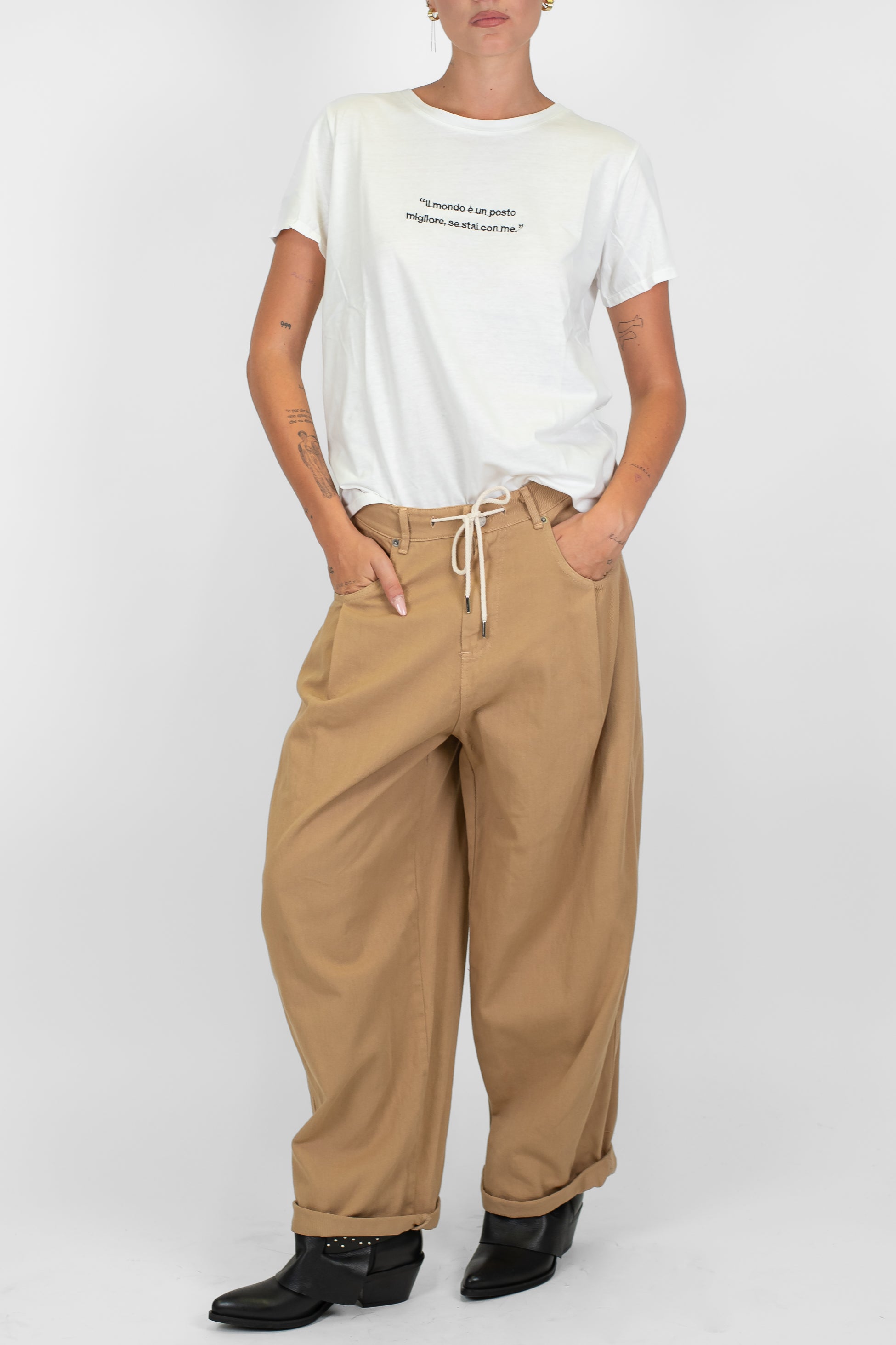 Motel - Pantalone palazzo in denim colorato con coulisse