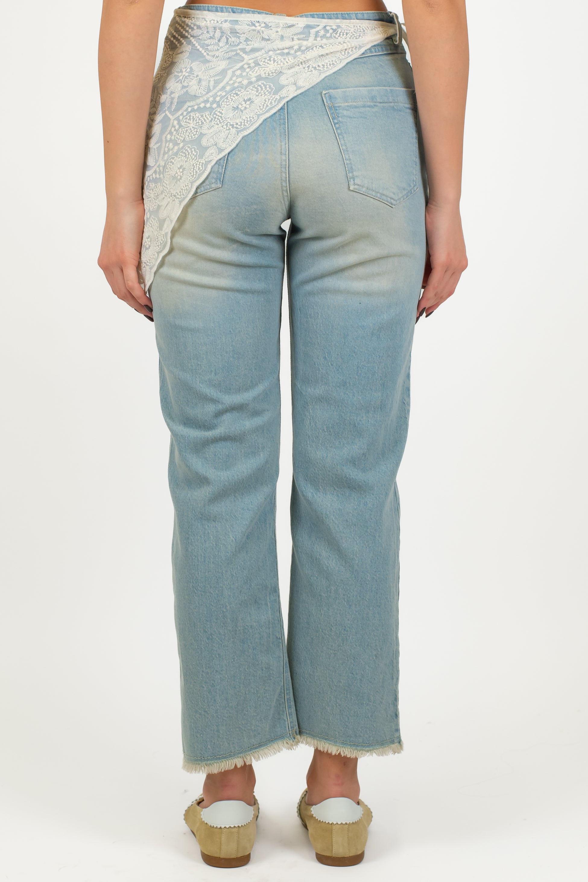 Motel - Jeans regular lavaggio chiaro con bandana in pizzo