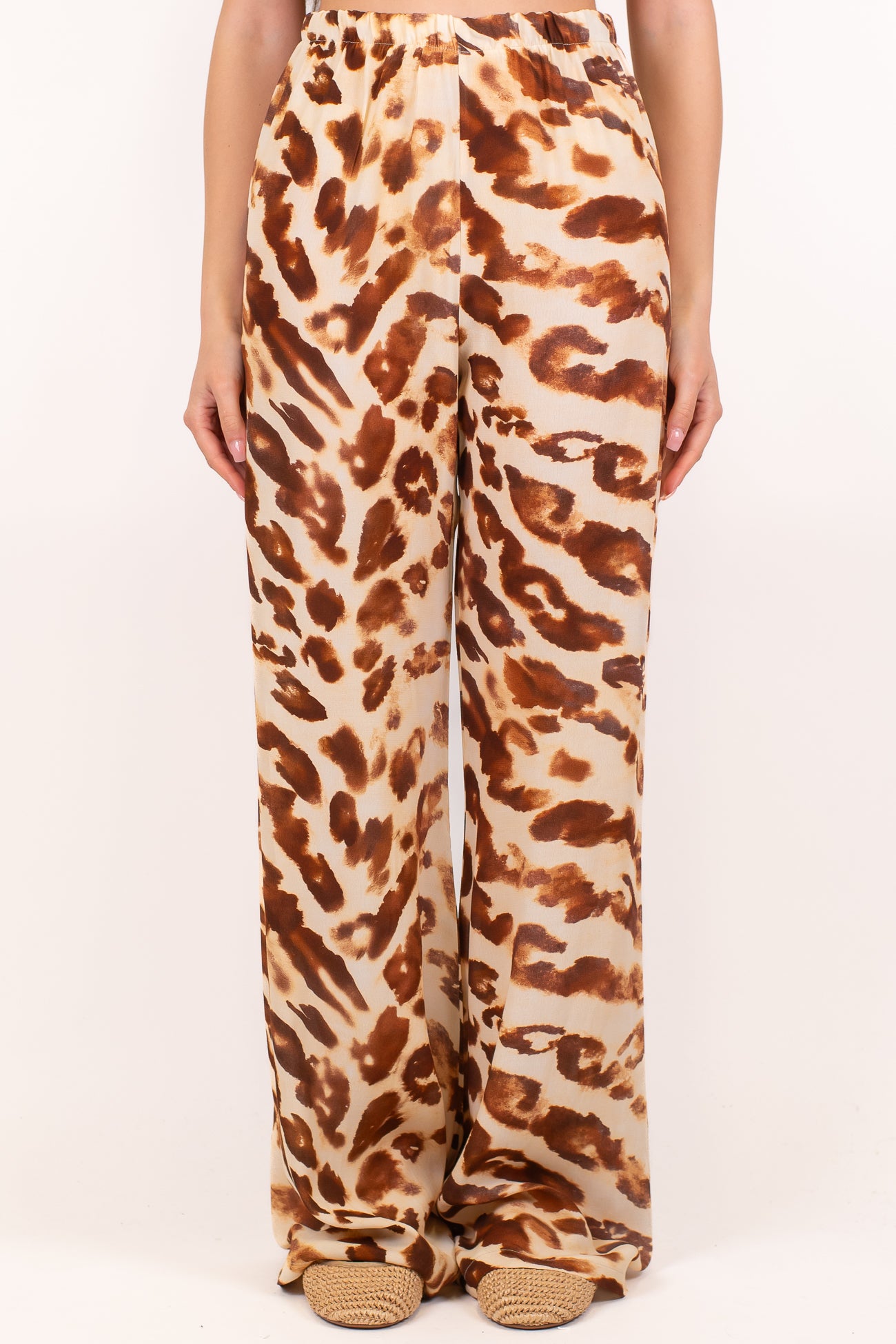 Havoene - Pantalone a zampa fantasia animalier in viscosa con elastico in vita