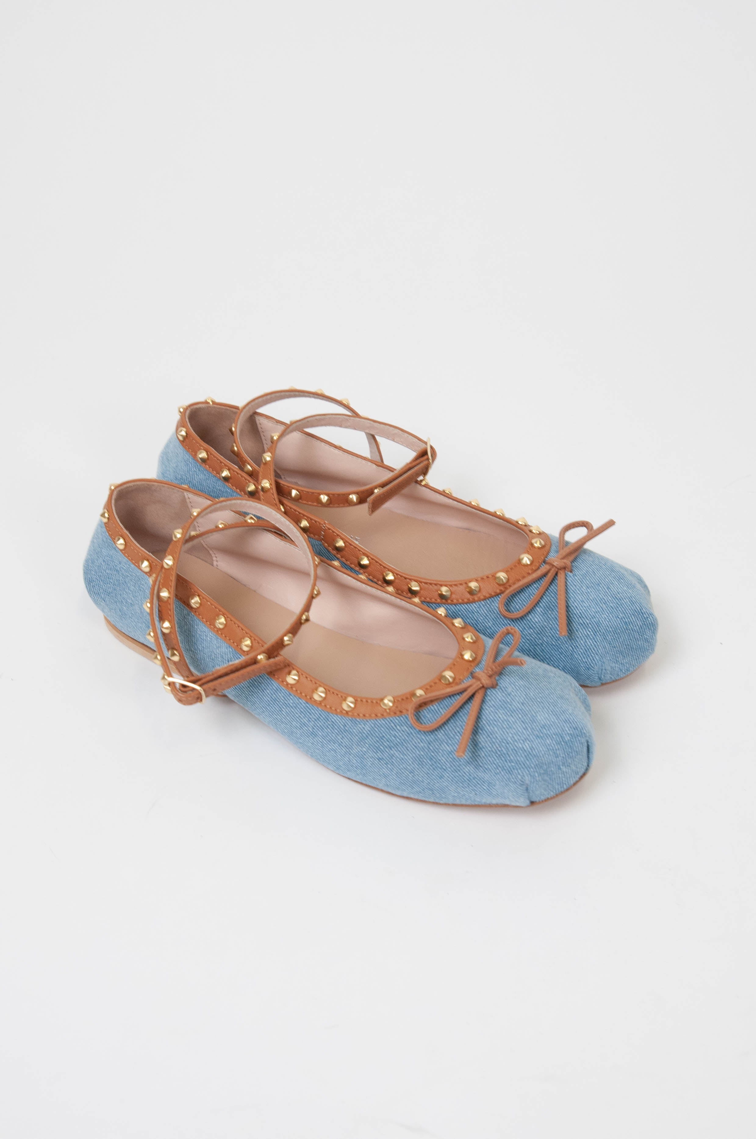 Divine Follie - Denim ballerina with leather profile with studs and strap