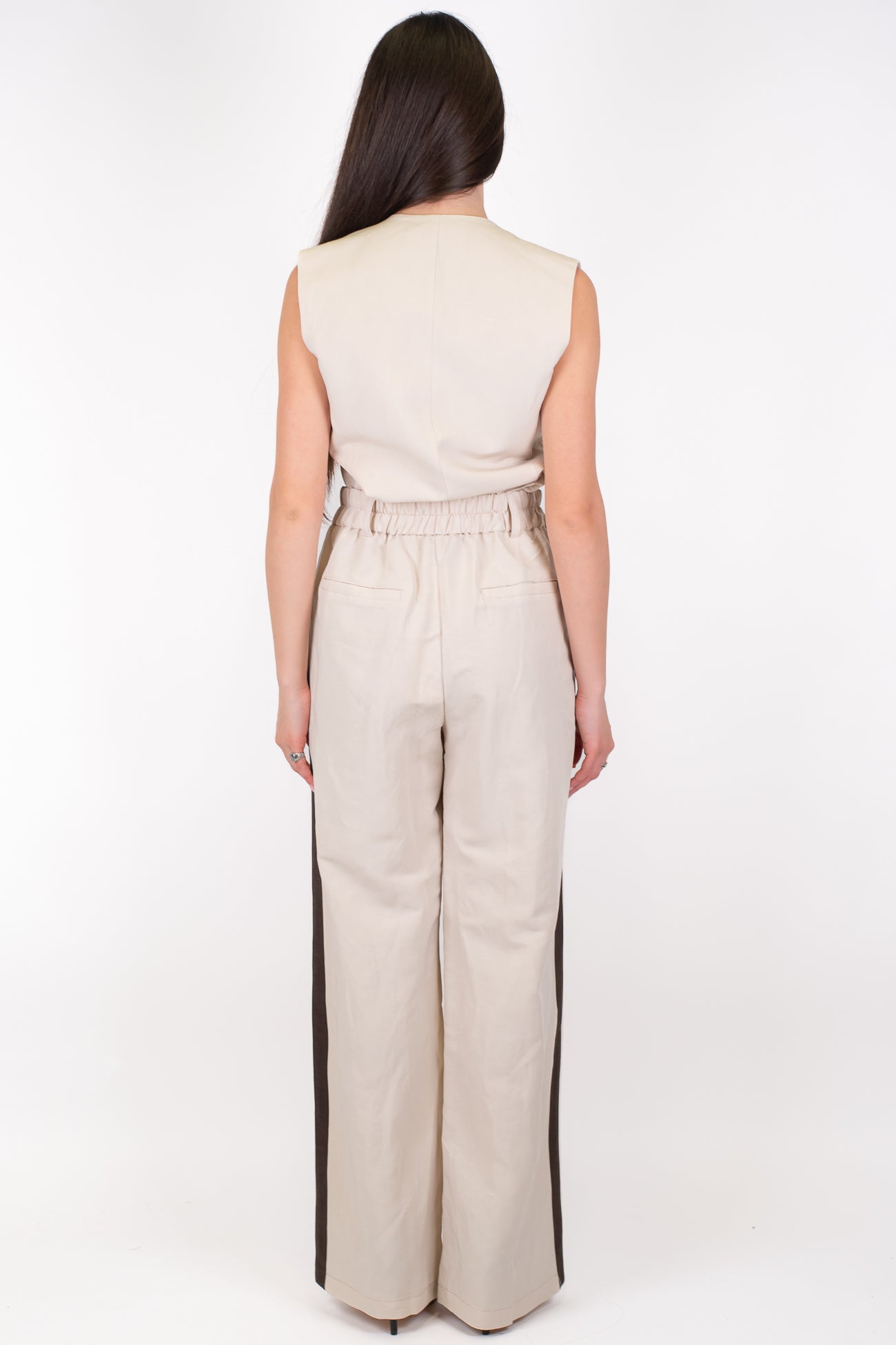 Motel - Coordinato gilet e pantalone palazzo in misto lino con elastico sul retro e banda laterale a contrasto