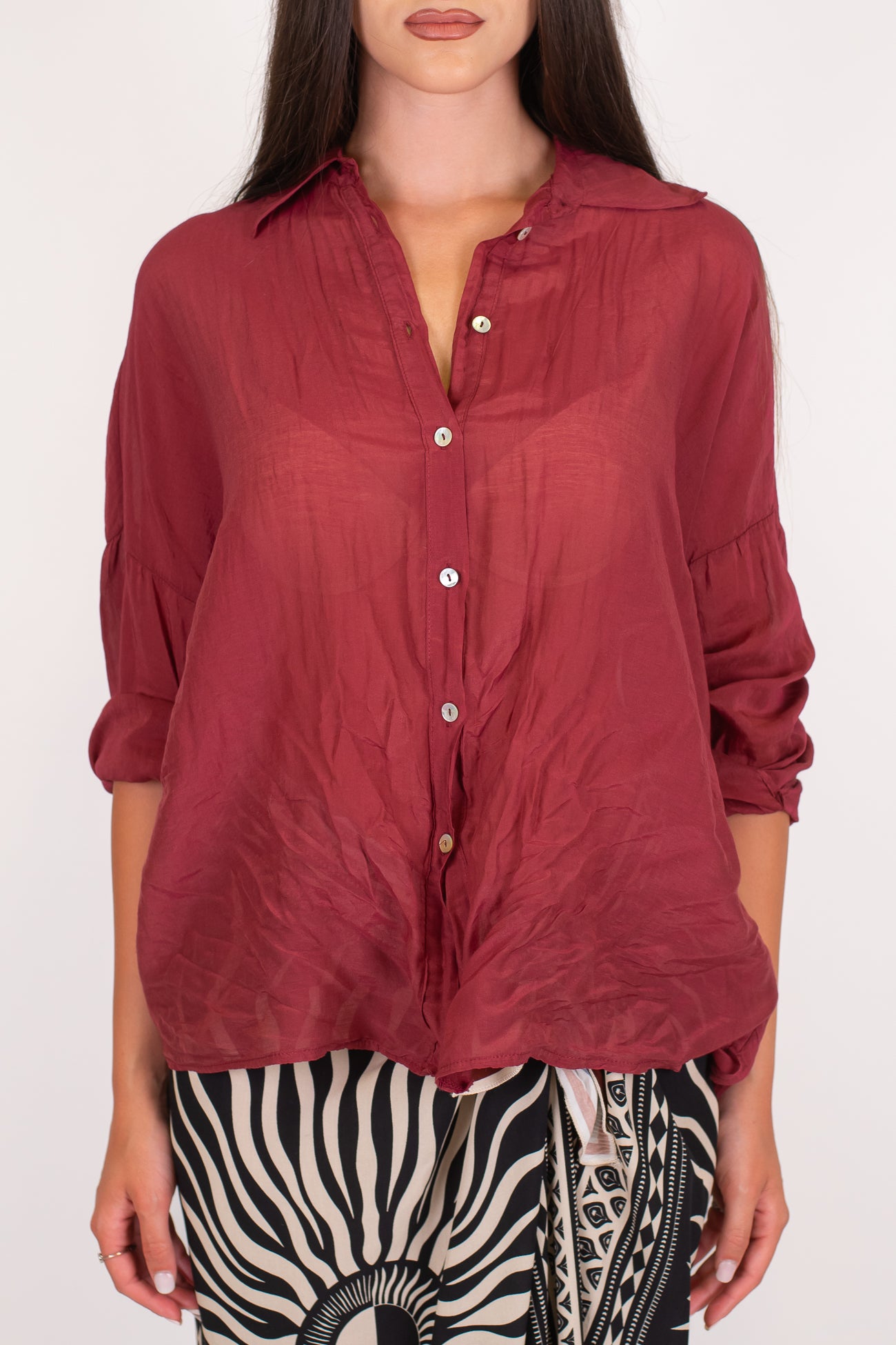 Motel - Camicia tinta unita in mussola di cotone e seta con strigliature