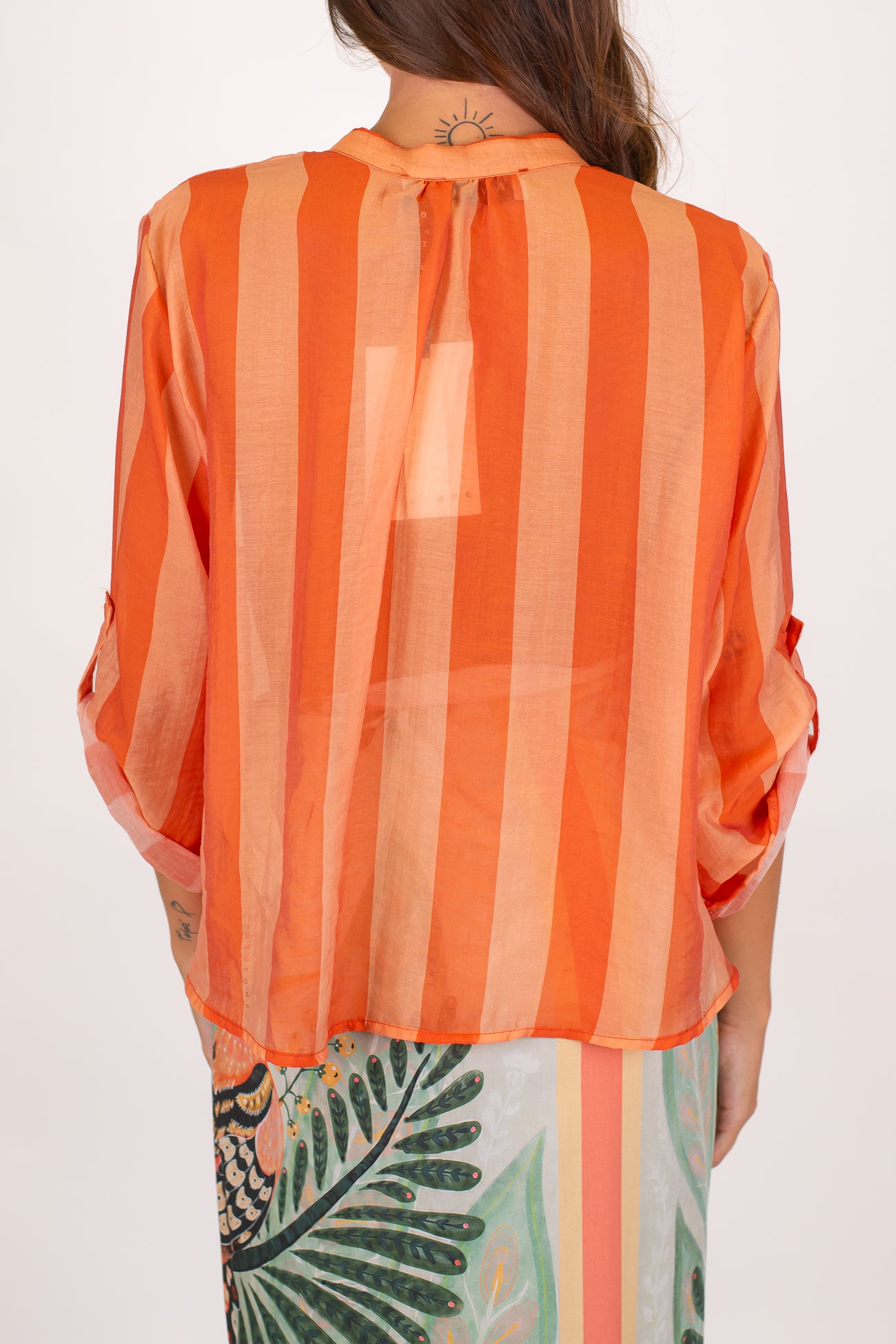 Haveone - Camicia fantasia a righe a contrasto in lyocell con manica tre quarti