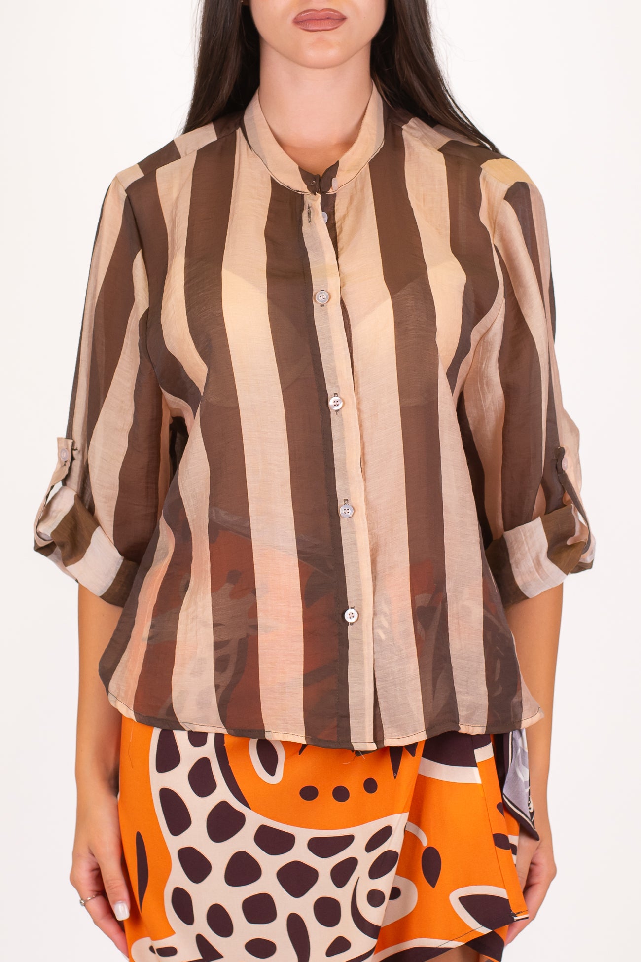 Haveone - Camicia fantasia a righe in lyocell con collo coreano