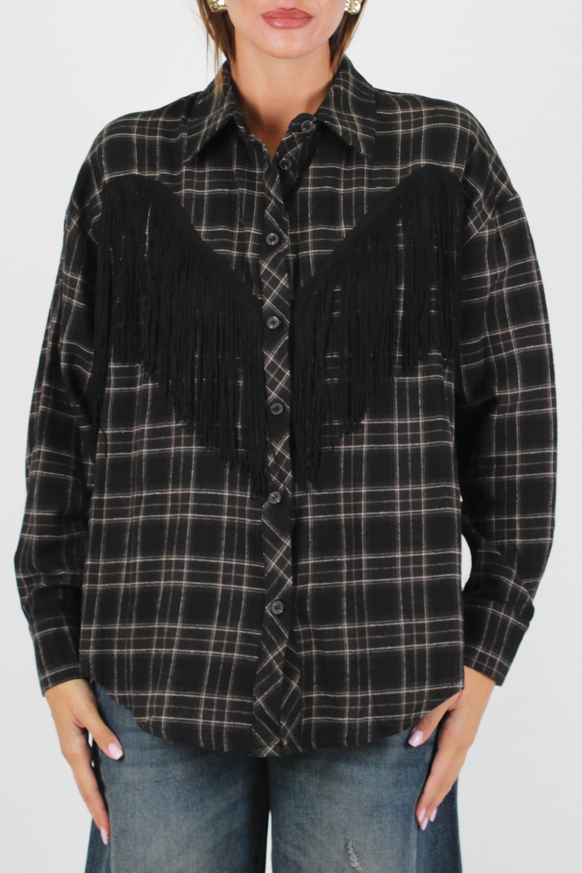 Tensione in - Camicia over fantasia check con frange fronte-retro