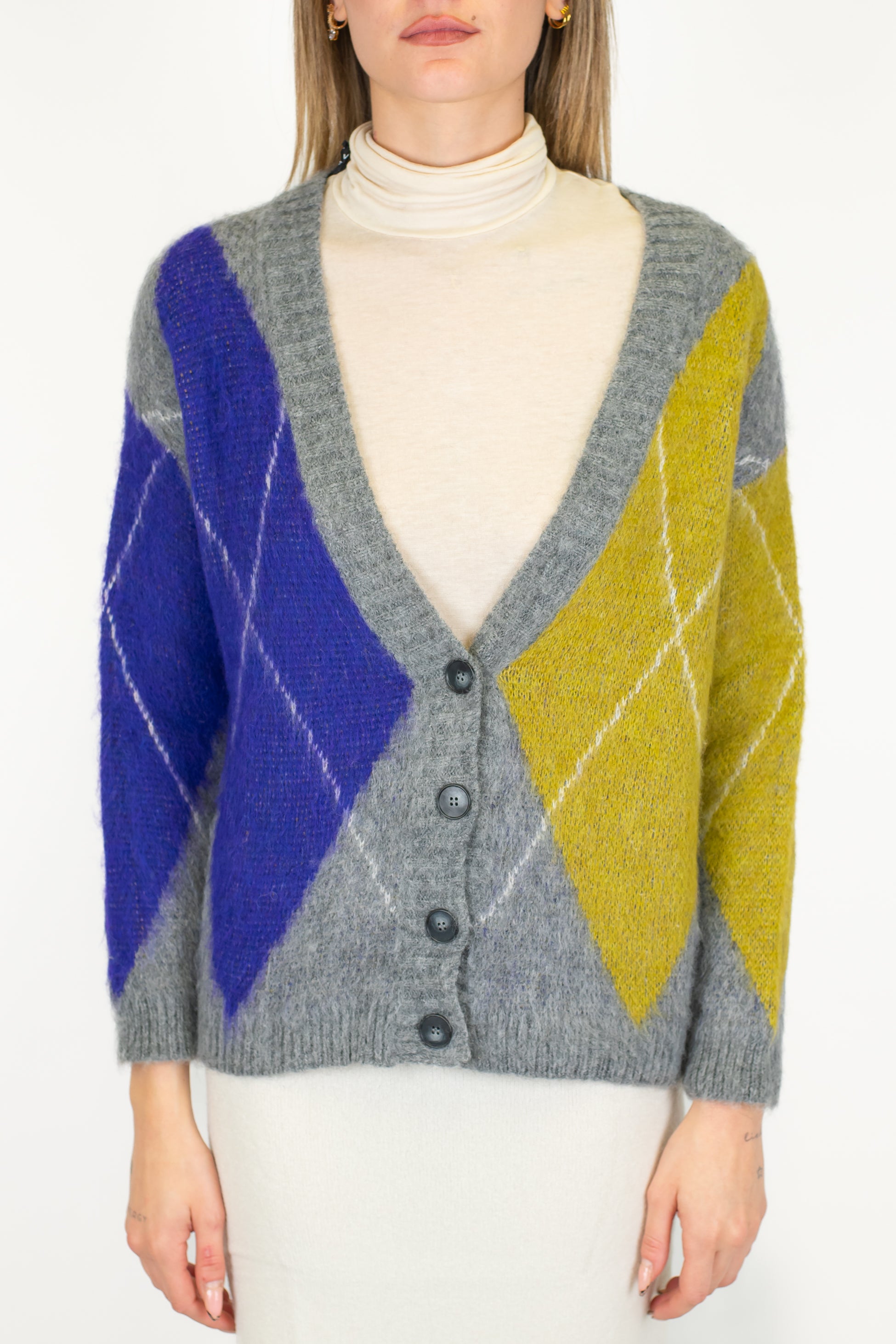 Dixie - Cardigan fantasia rombi a contrasto in misto lana