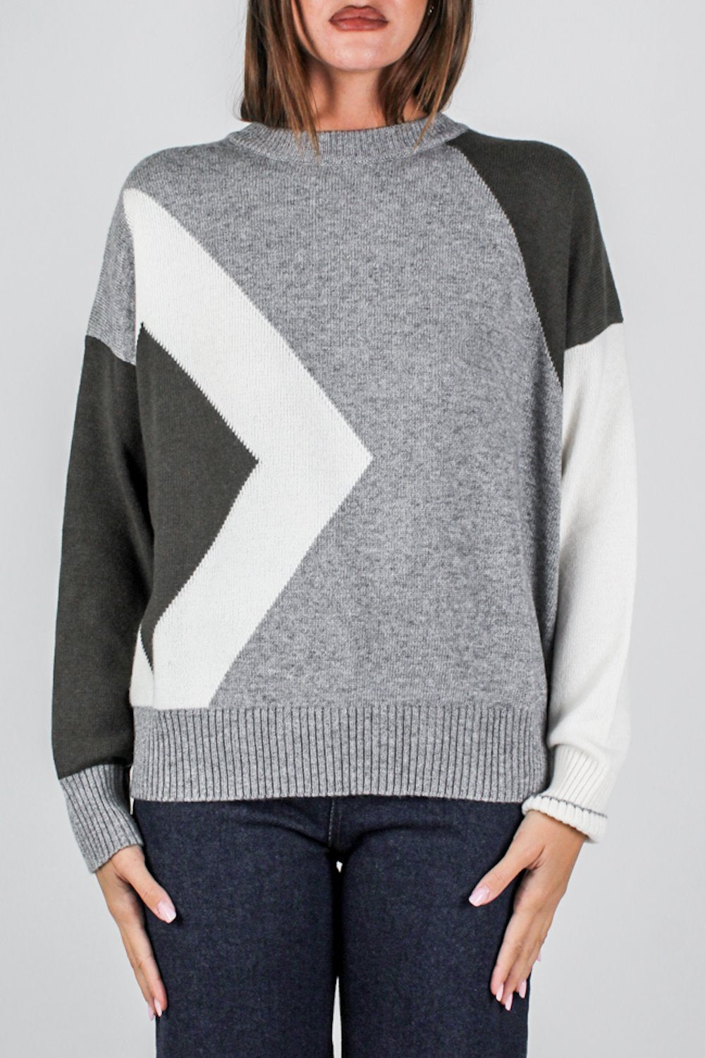 Maryley - Maglia girocollo fantasia rombi laterali a contrasto in misto lana e cashmere
