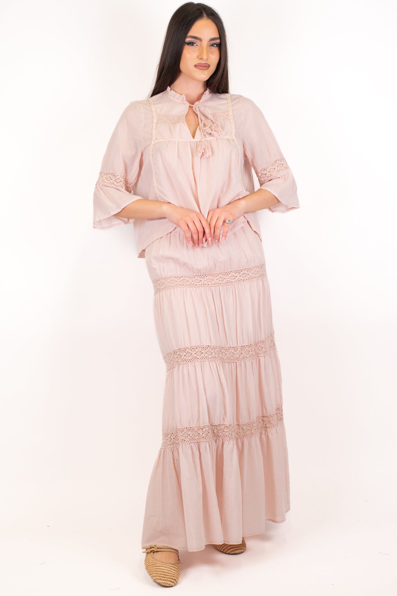 Haveone - Gonna in mussola di cotone con balze ricamate in pizzo sangallo ed elastico in vita