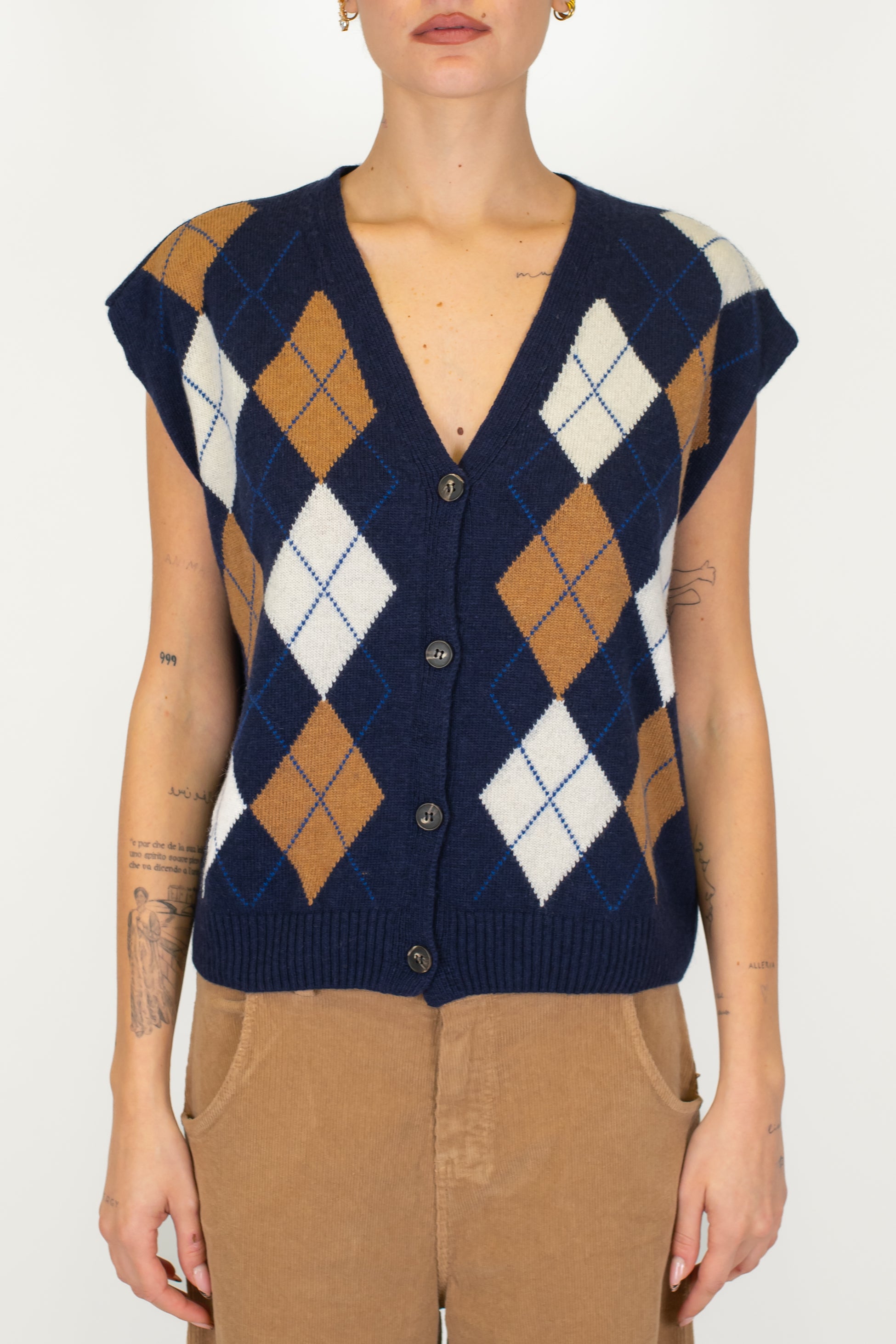 Tensione in - Gilet in maglia fantasia rombi a contrasto