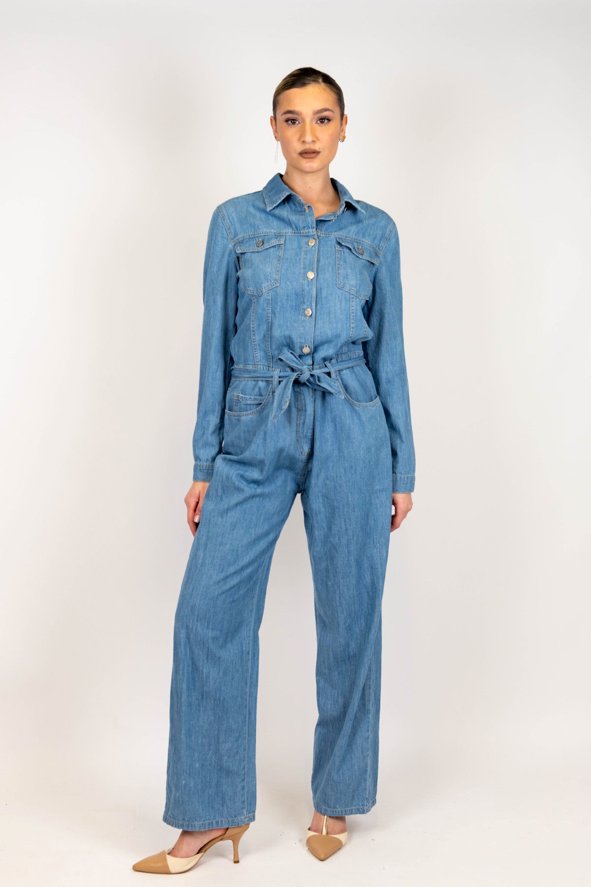 Haveone - Tuta in denim con pantalone palazzo e cintura in tessuto