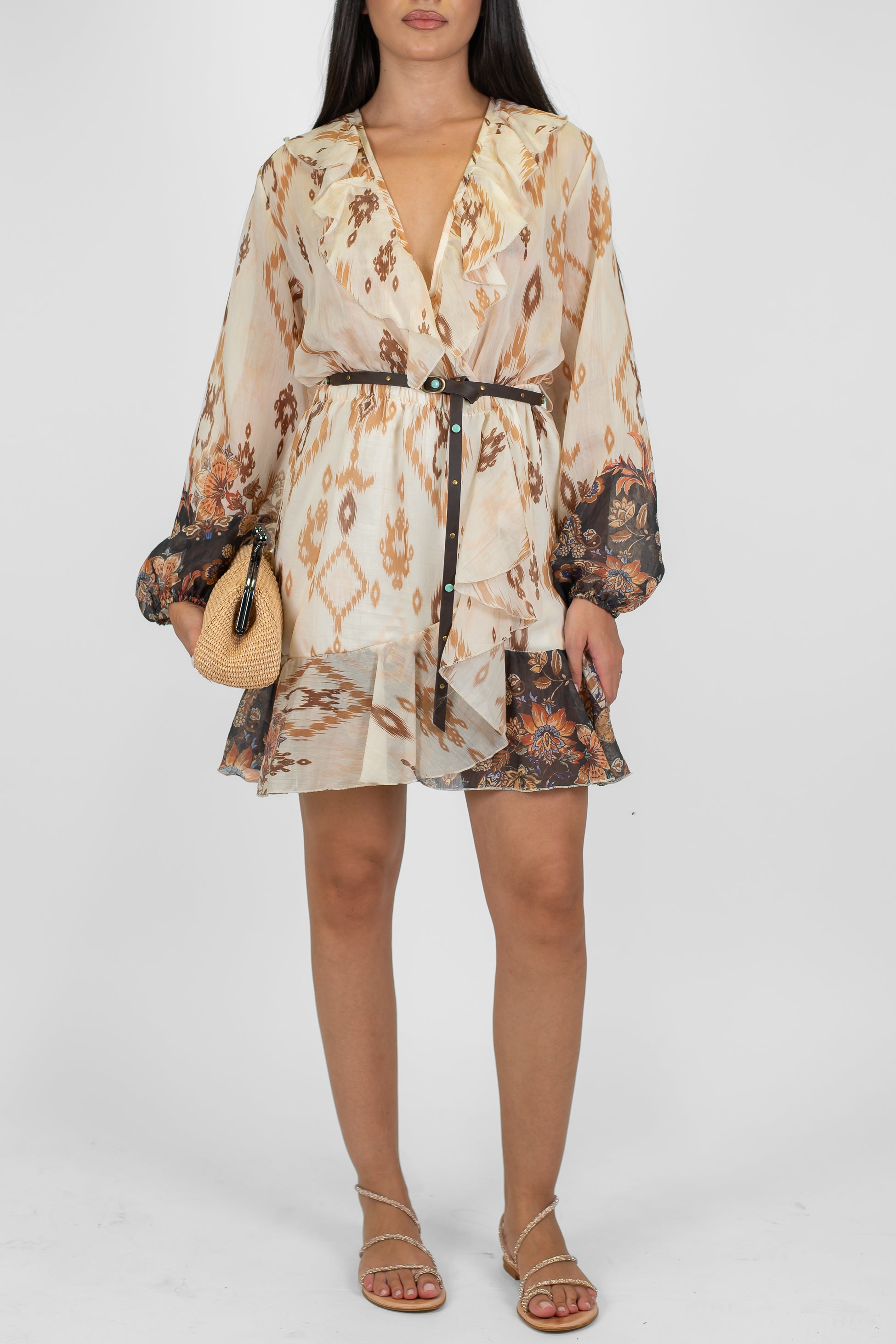 Dixie - Abito corto fantasia astratta in lyocell con scollo a V e rouches