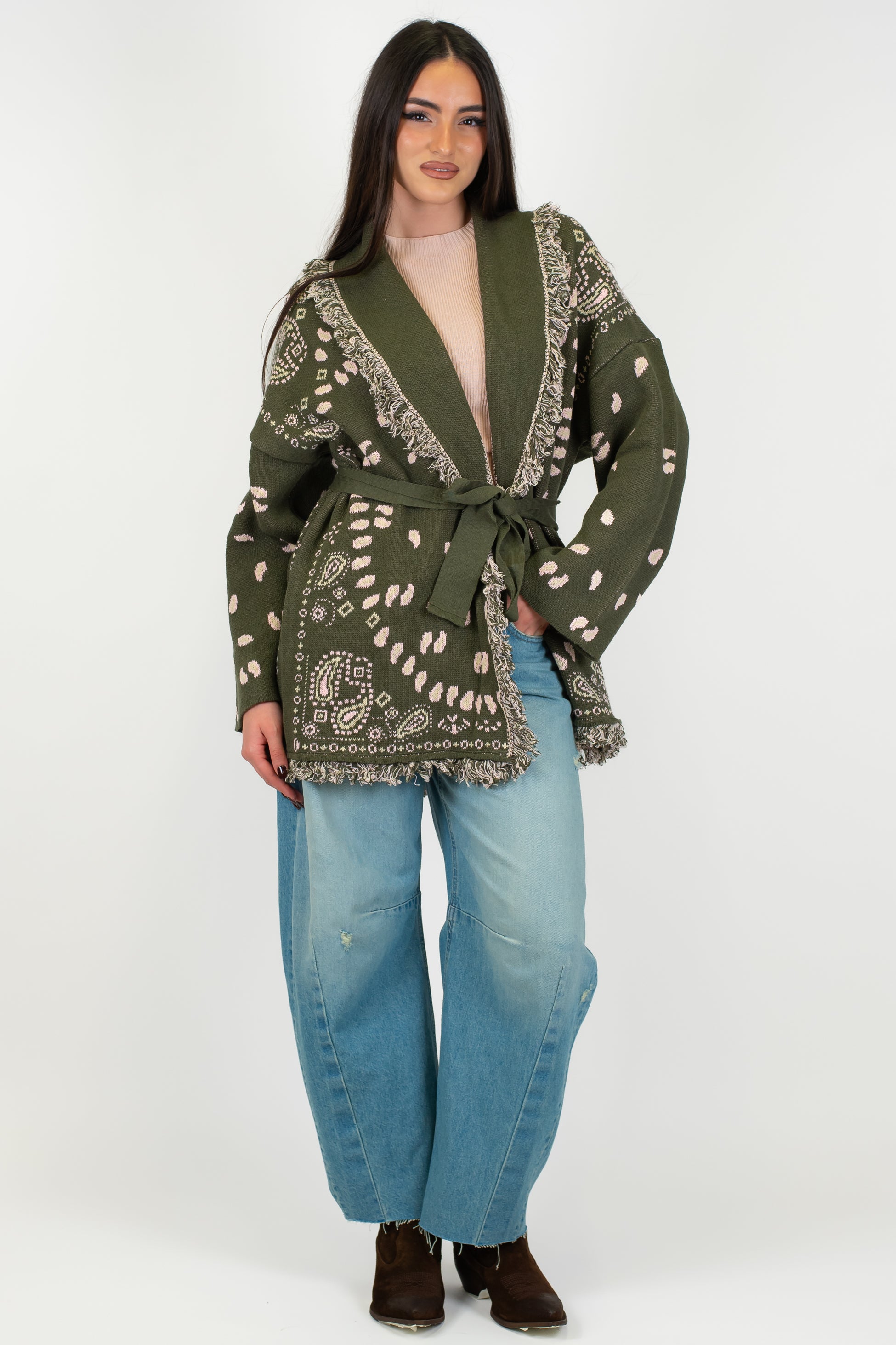 Tensione in - Cardigan fantasia bandana con frange