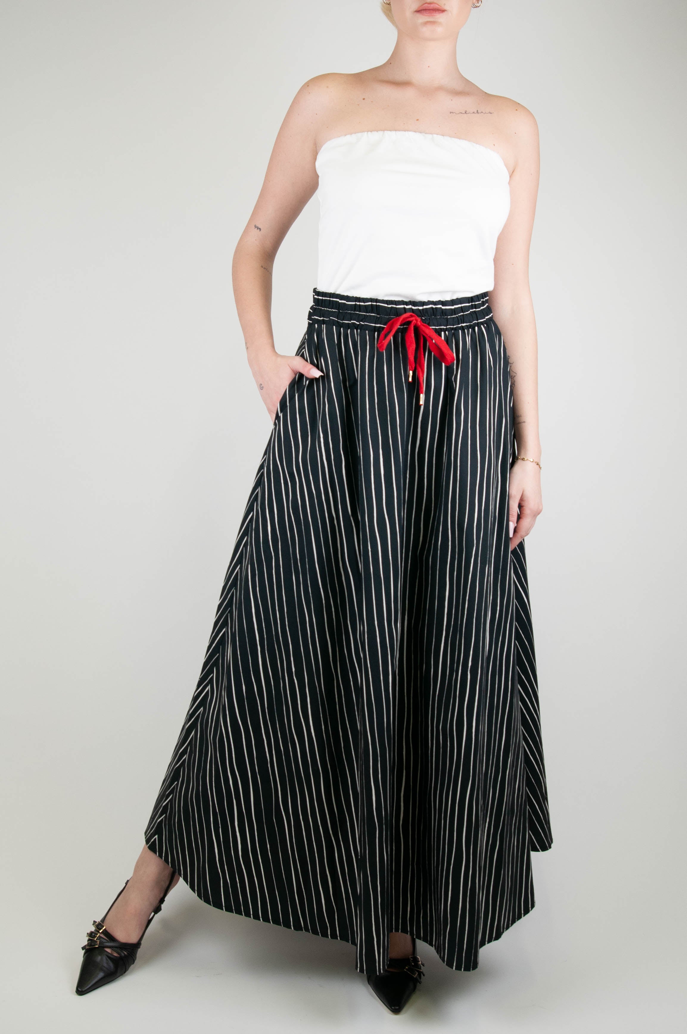 Motel - Long bandeau dress with striped skirt and drawstring