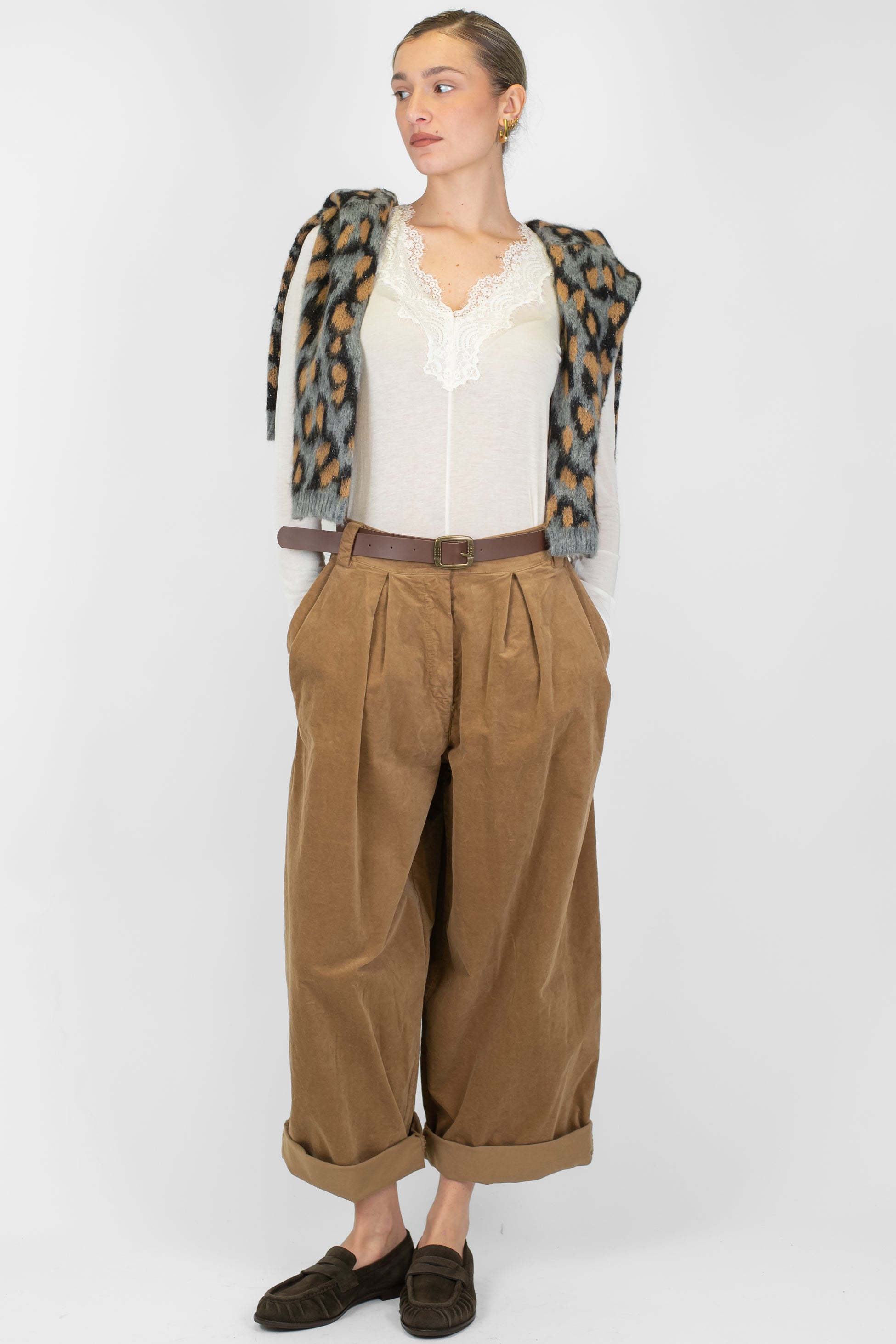 Haveone - Pantalone balloon a gamba ampia in velluto con pinces