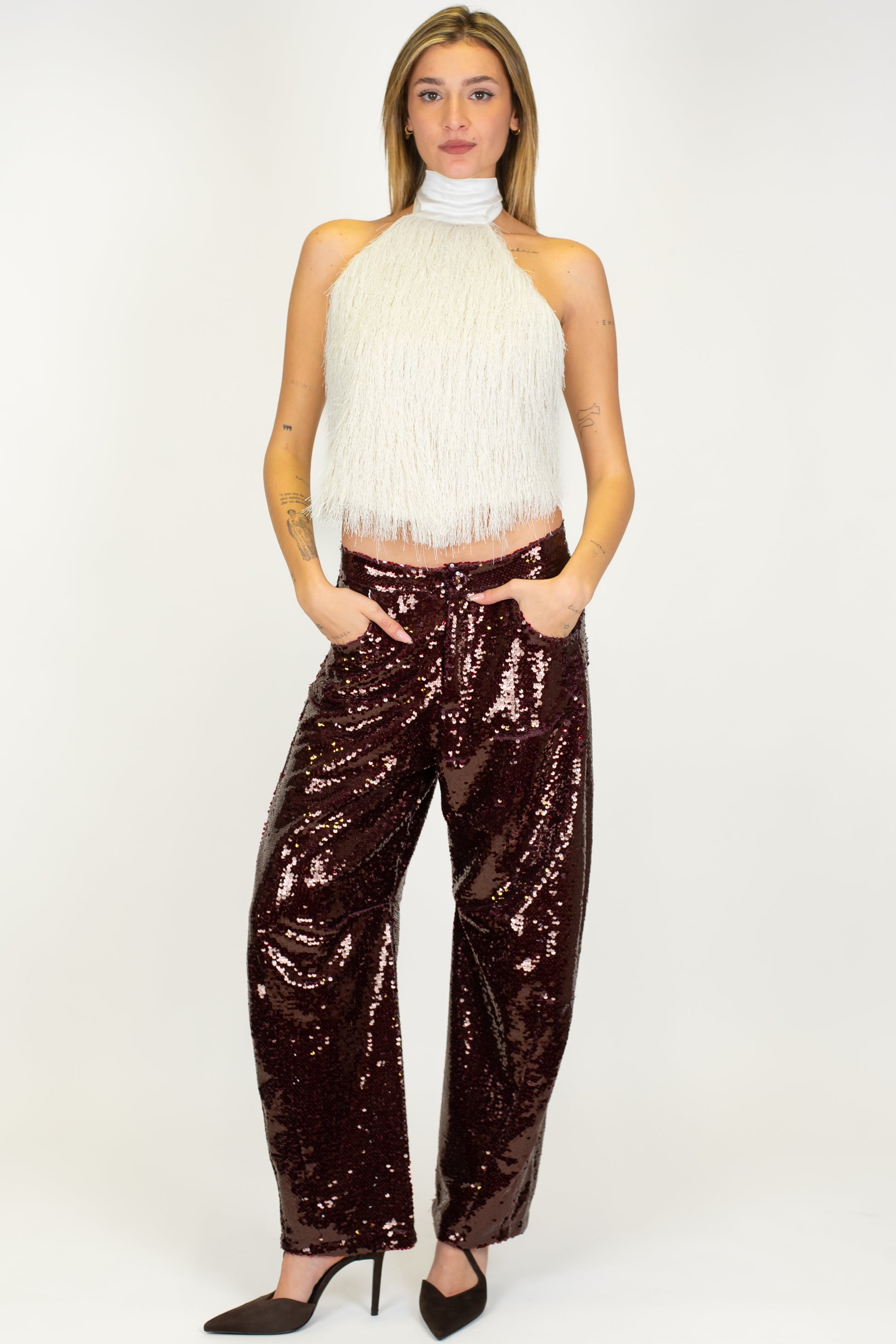 Dixie - Top scollo all'americana con frange e scollatura sul retro