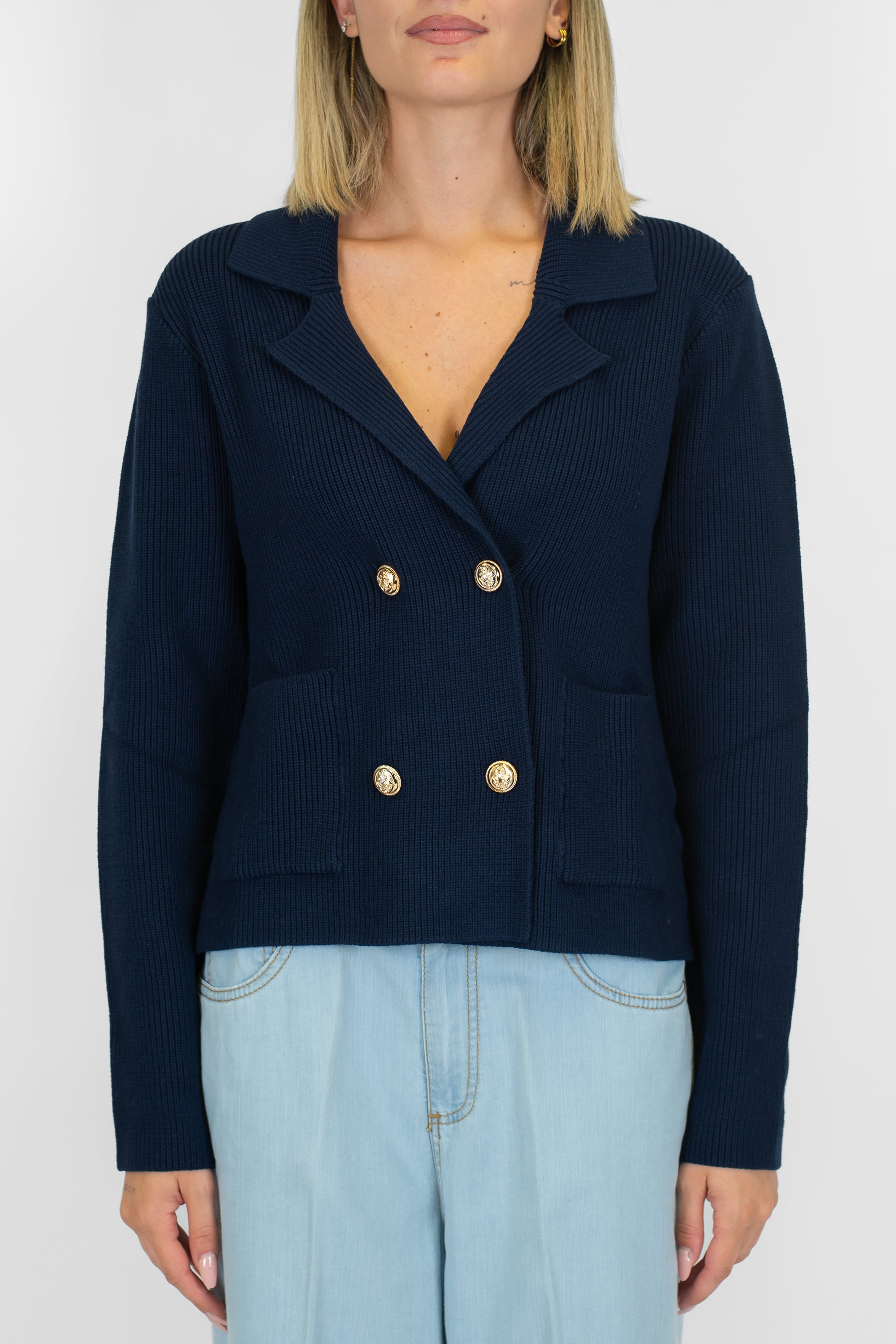 Kontatto - Cardigan doppiopetto a costine con bottoni oro e taschini