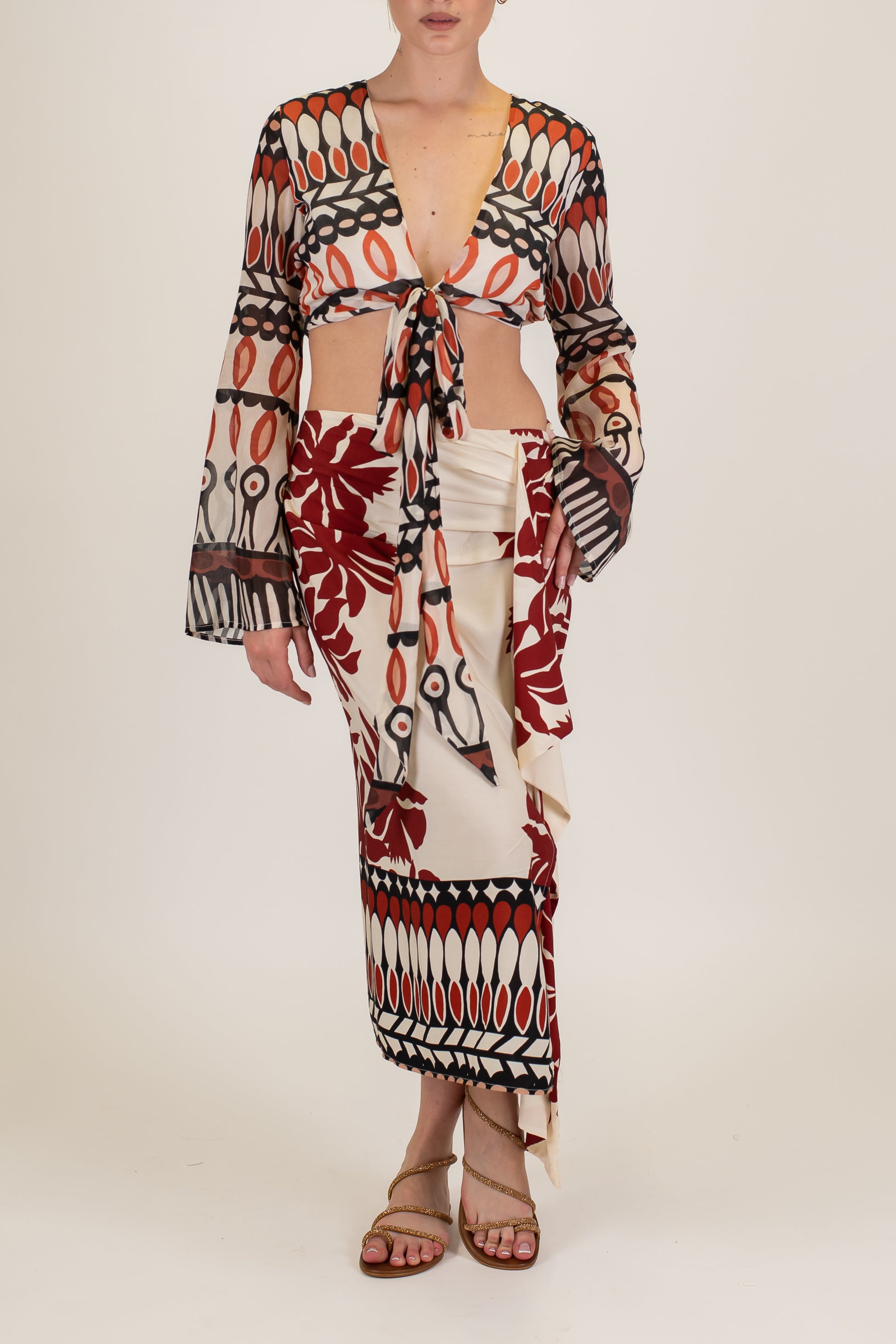 Haveone - Gonna pareo fantasia floreale astratta in viscosa con nodo