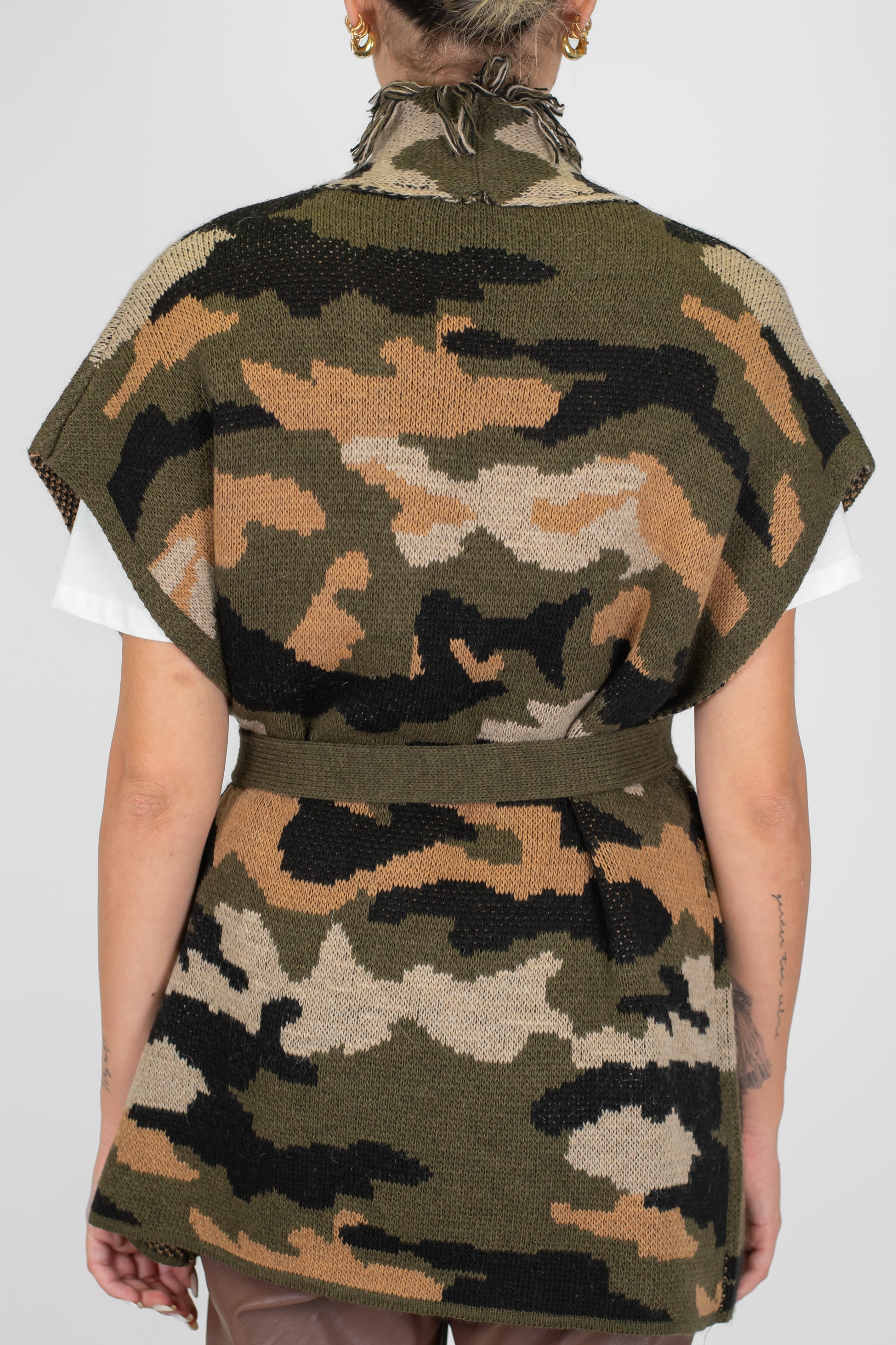 Haveone - Cardigan giromaniche fantasia camouflage in misto lana con profilo frange e strass