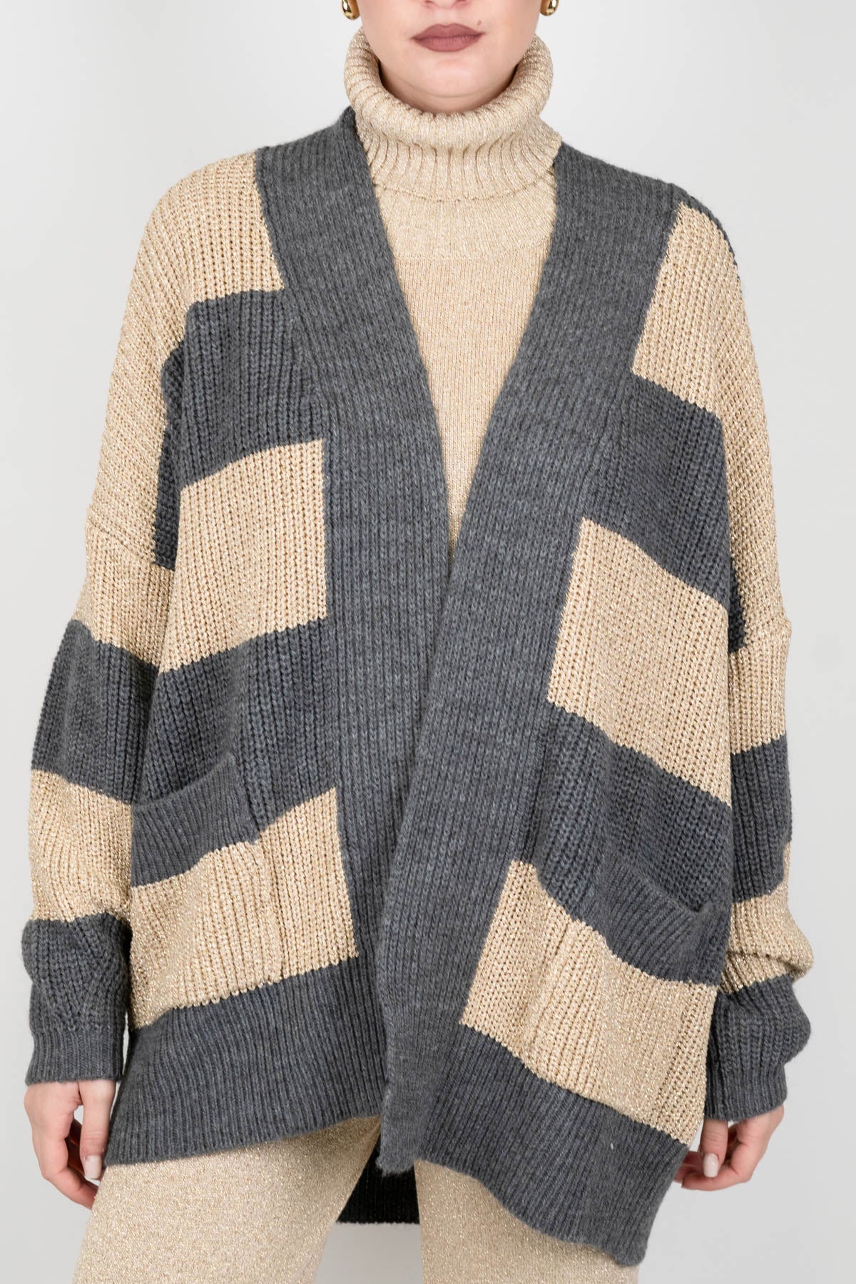 Tensione in - Cardigan over in misto lana a righe lurex