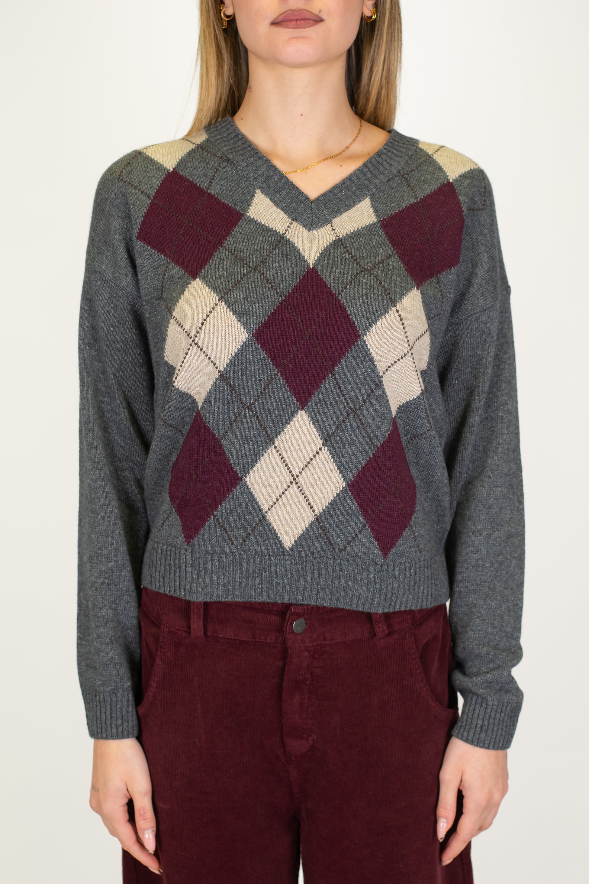 Tensione in - Maglia scollo V fantasia rombi a contrasto in misto lana e cashmere