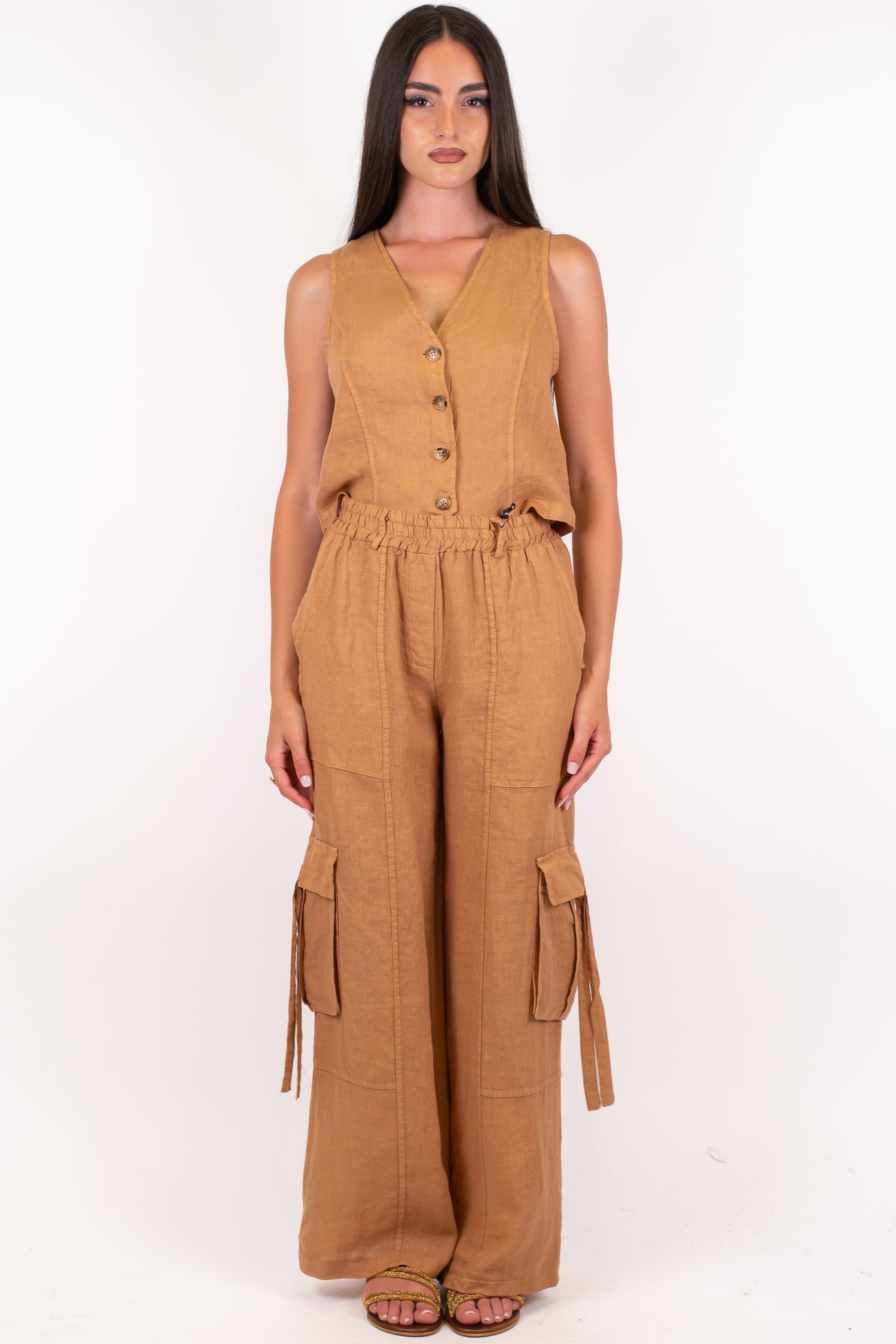 Haveone - Coordinato in puro lino con gilet e pantalone cargo palazzo con elastico in vita
