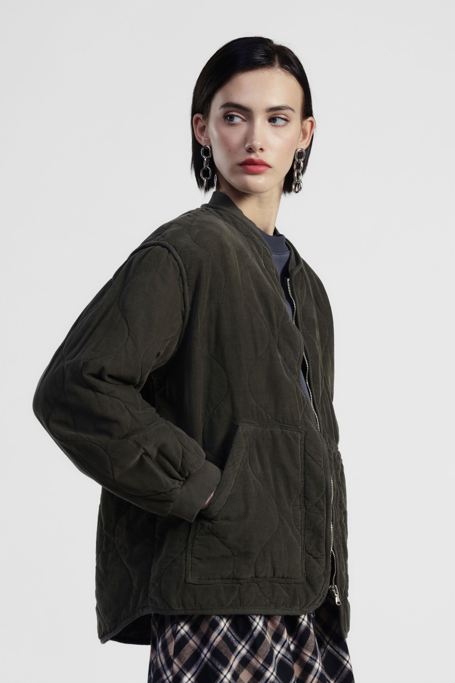 Dixie - Giacca trapuntata in velluto a costine con collo coreano e chiusura zip