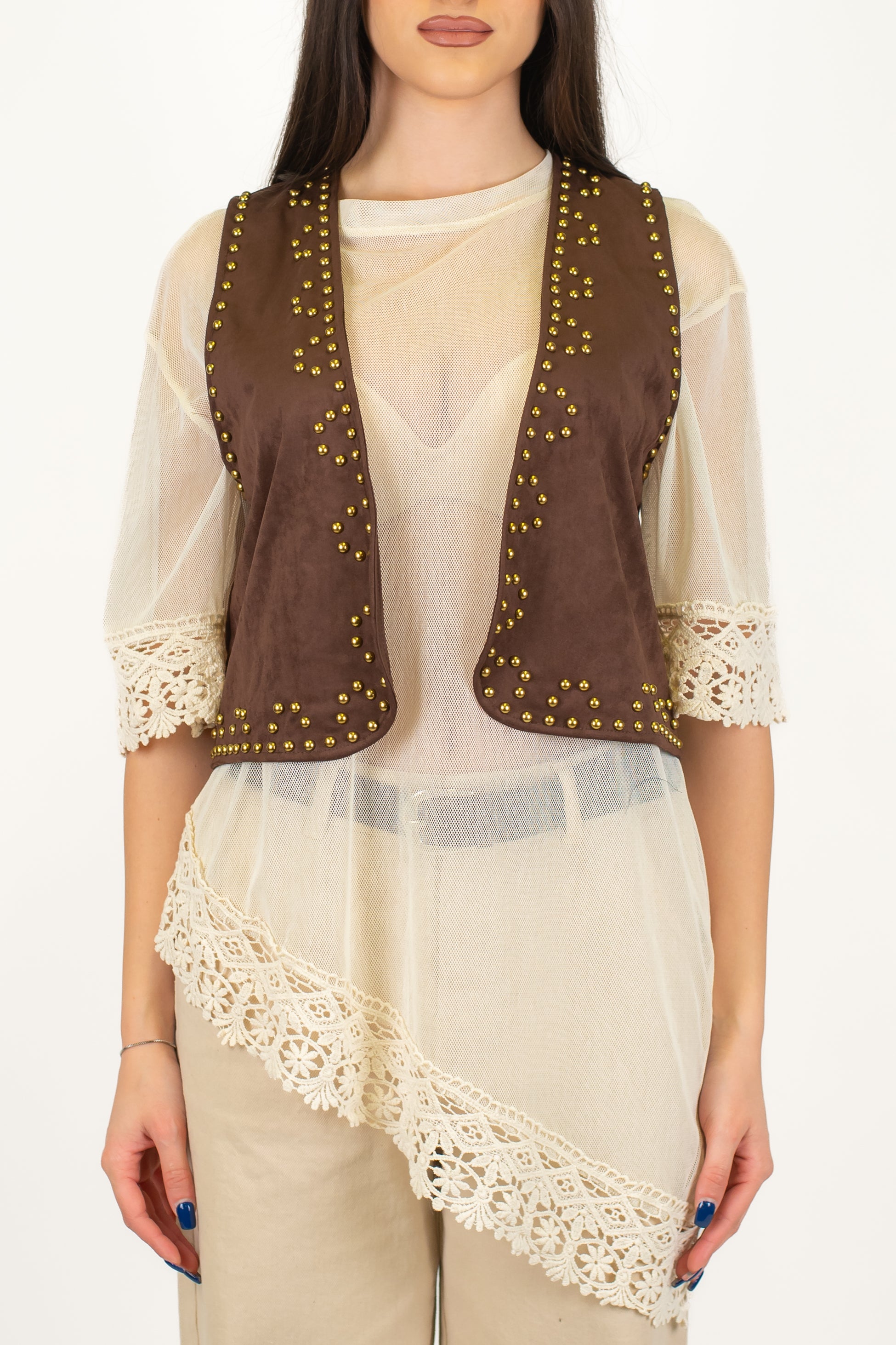 Haveone - Gilet aperto in fainetto con profilo borchie