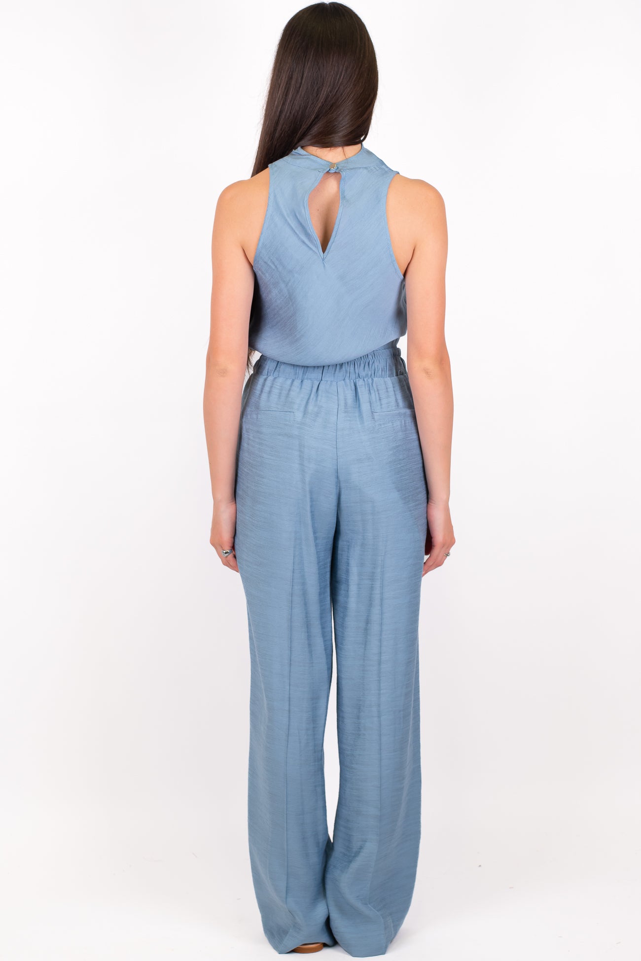 Maryley - Coordinato top asimmetrico giromaniche e pantalone palazzo con elastico in vita