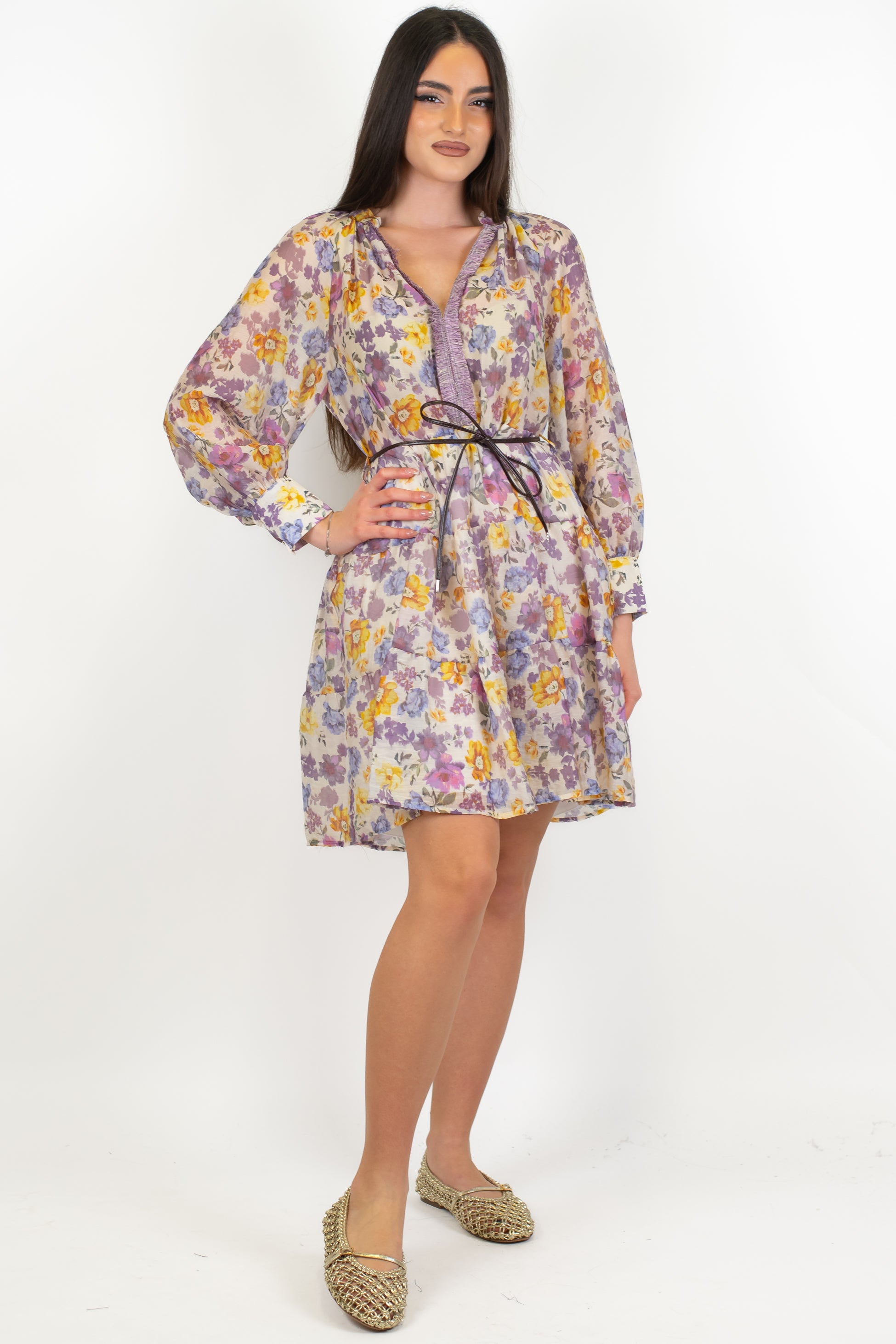 Motel - Abito corto fantasia floreale in lyocell con profilo frange