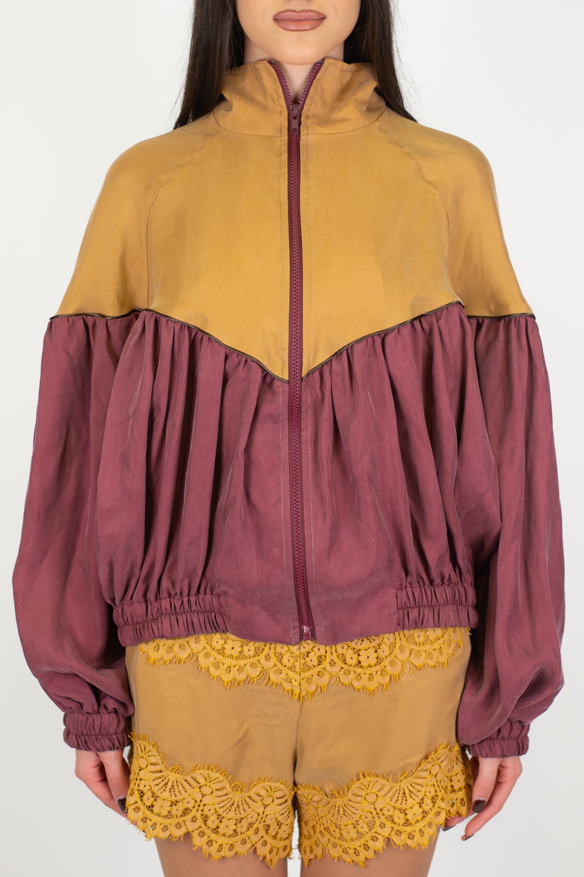 Tensione in - Bomber in cupro con fondo a contrasto ed elastico