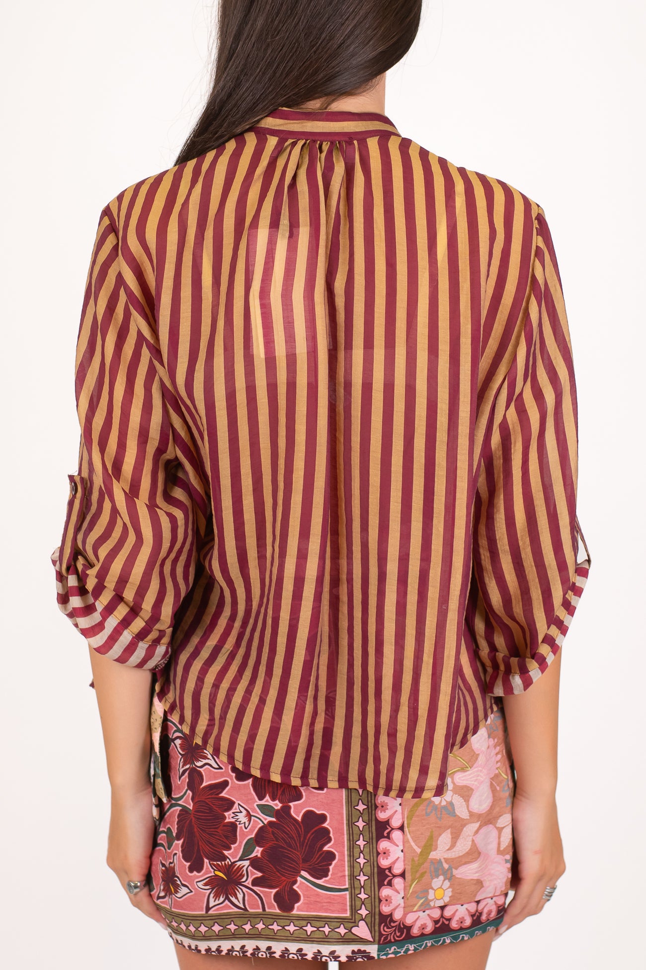 Haveone - Camicia a righe strette in lyocell con collo coreano e pinces sul retro