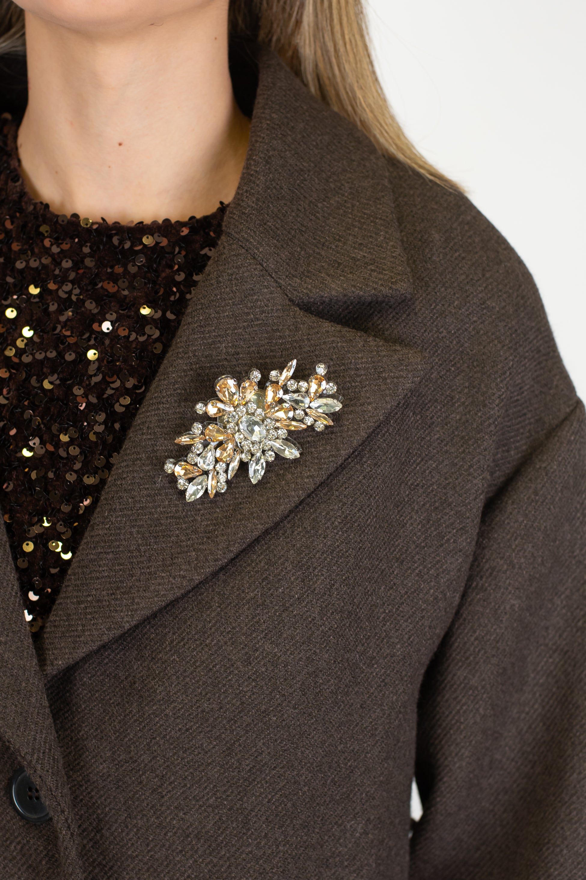 Maryley - Cappotto lungo fantasia diagonale con spilla gioiello e cintura in tessuto