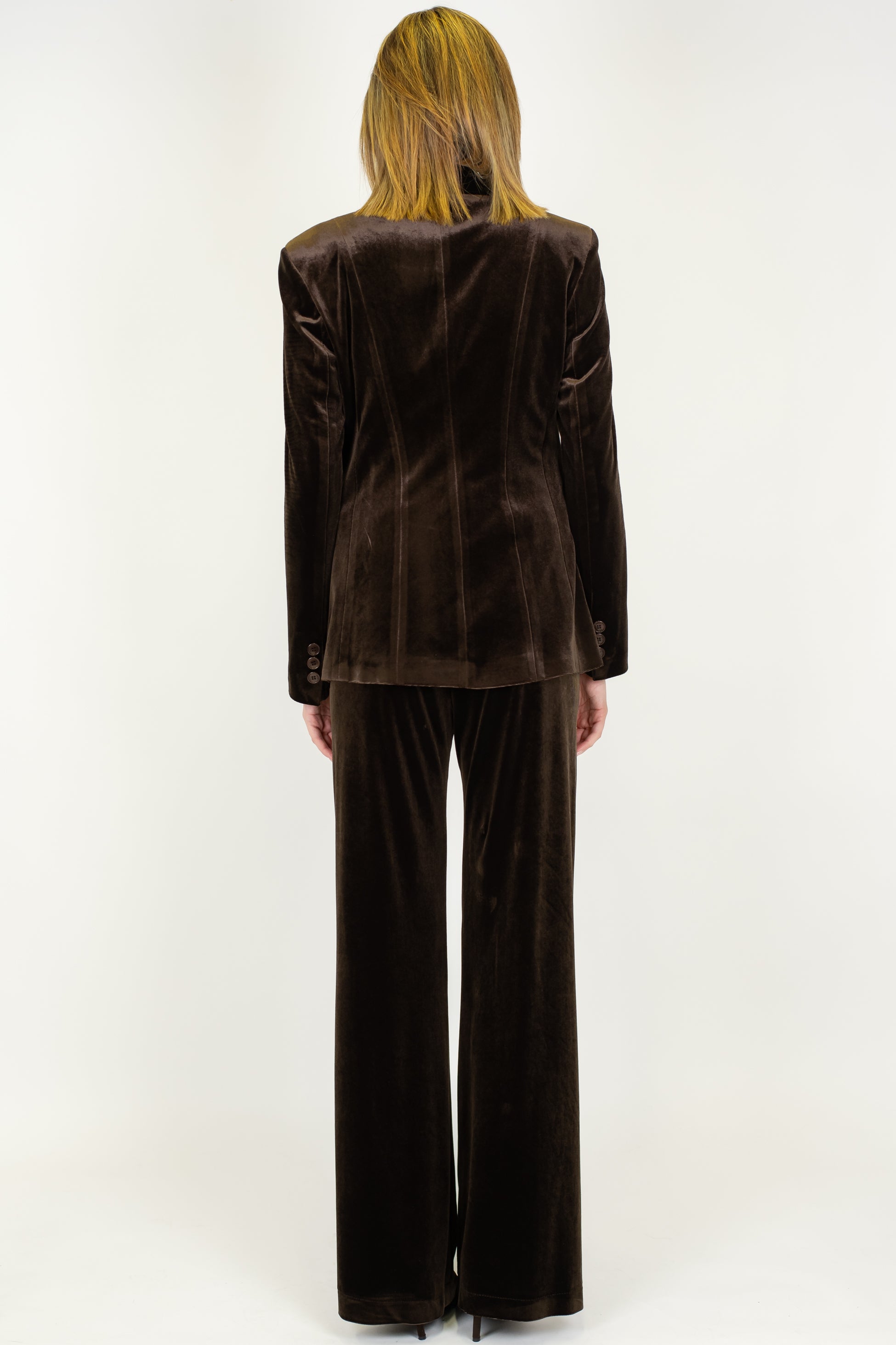 Maryley - Tailleur giacca con collo sciallato e pantalone palazzo in velluto con elastico in vita