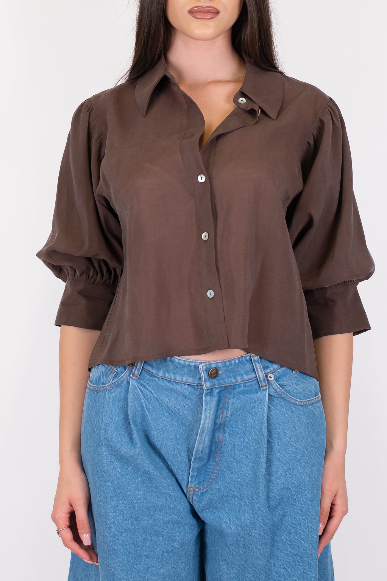 Motel - Camicia in lyocell con manica tre quarti a palloncino
