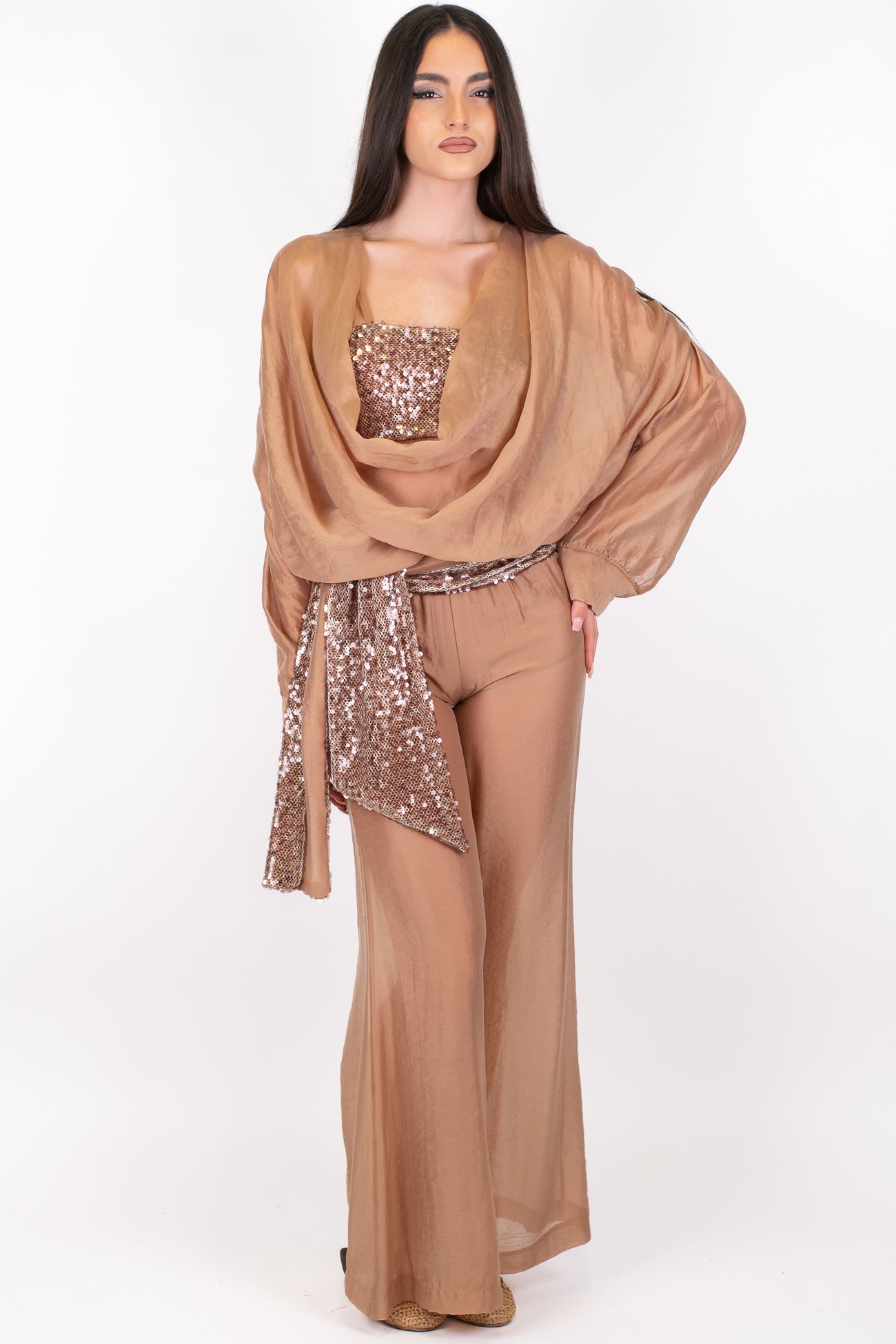 Haveone - Pantalone palazzo in lyocell con elastico in vita, coulotte e fusciacca paillettes