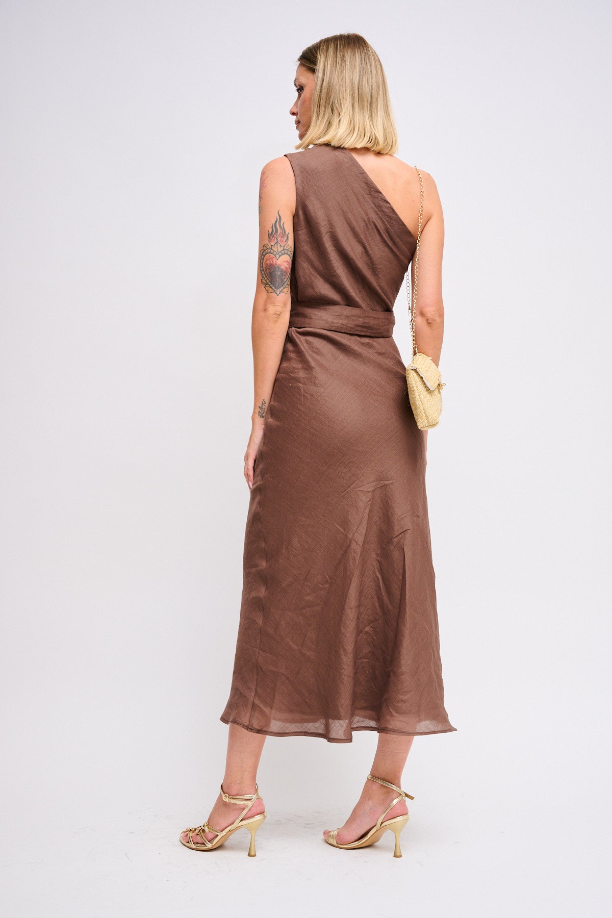 Maryley - Abito lungo monospalla in lino con cintura in vita