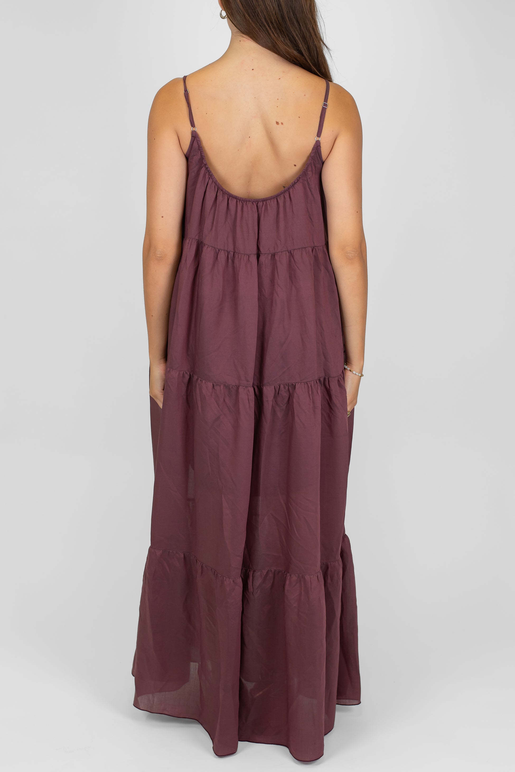 Motel - Abito lungo in lyocell con bretelline, balze e scollo sul retro