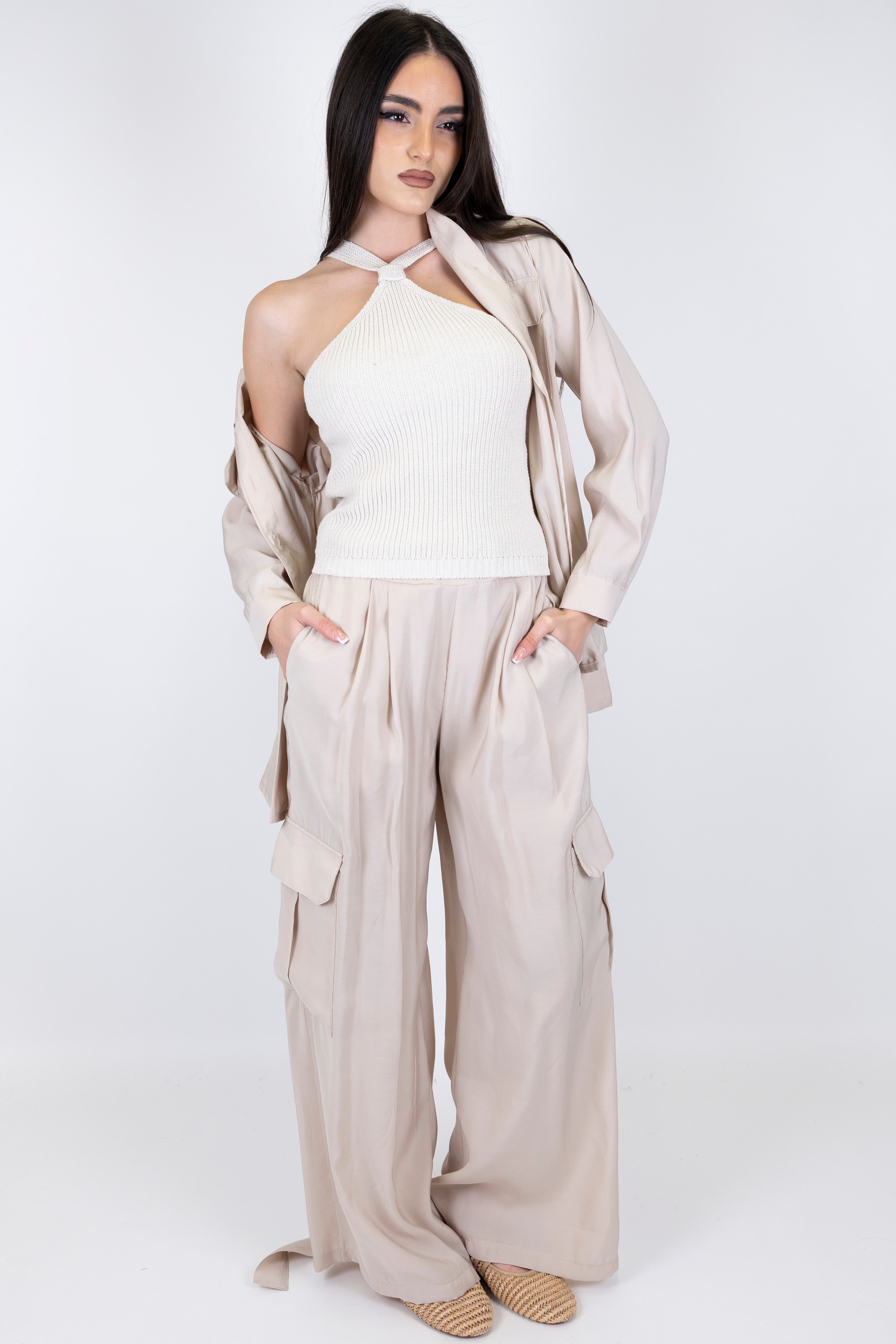 Motel - Coordinato in modal camicia con taschini e pantalone cargo palazzo con elastico in vita