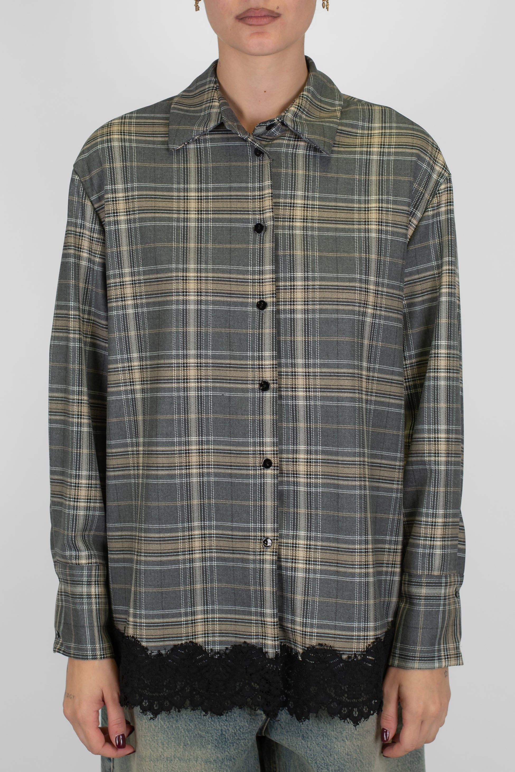 Haveone - Camicia fantasia check con orlo in pizzo a contrasto