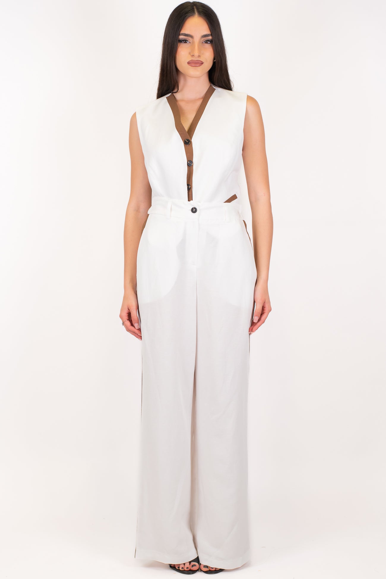 Motel - Coordinato gilet e pantalone palazzo in misto lino con elastico sul retro e banda laterale a contrasto