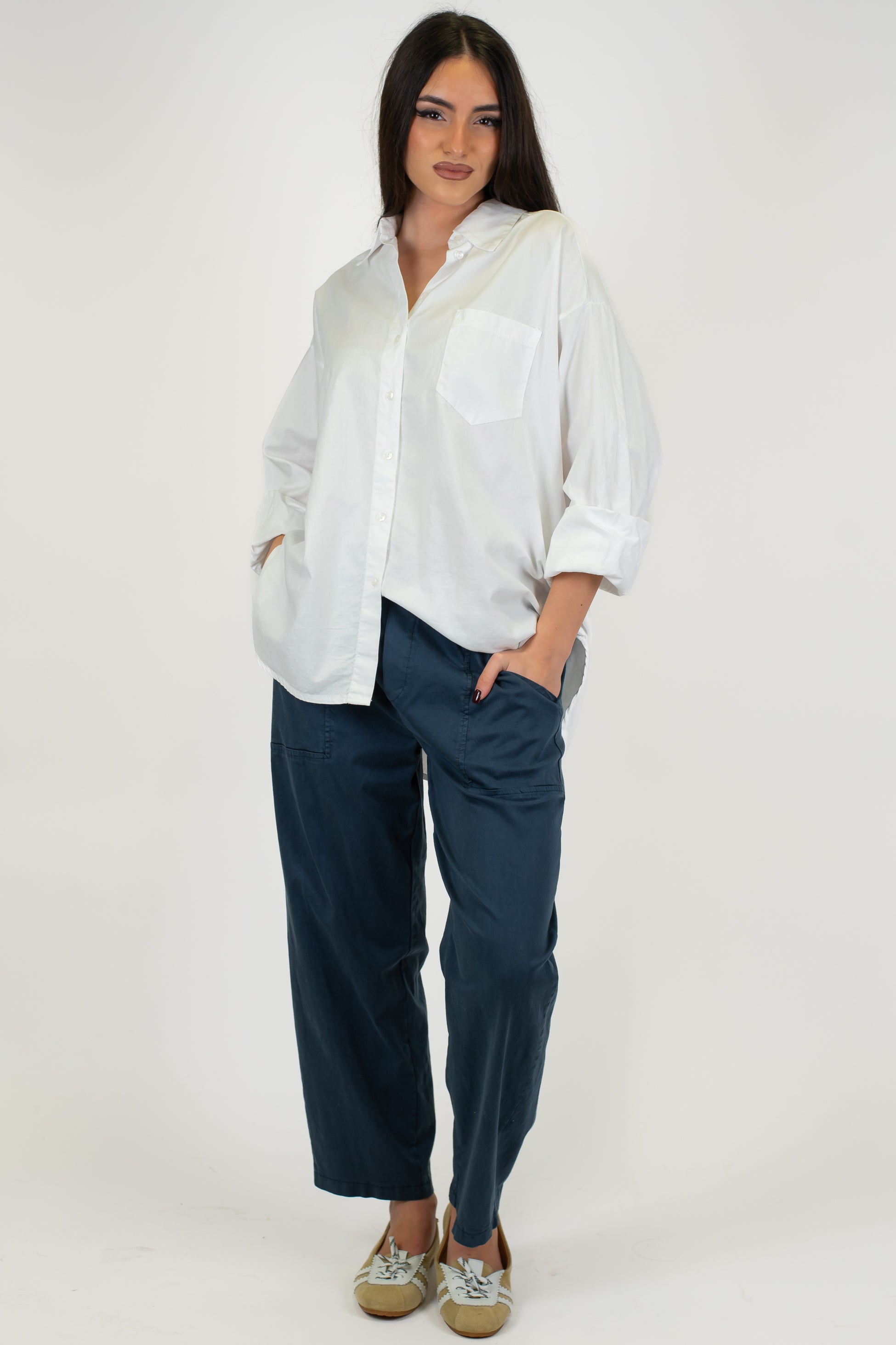 Haveone - Pantalone regular in misto cotone e lyocell con elastico sul retro