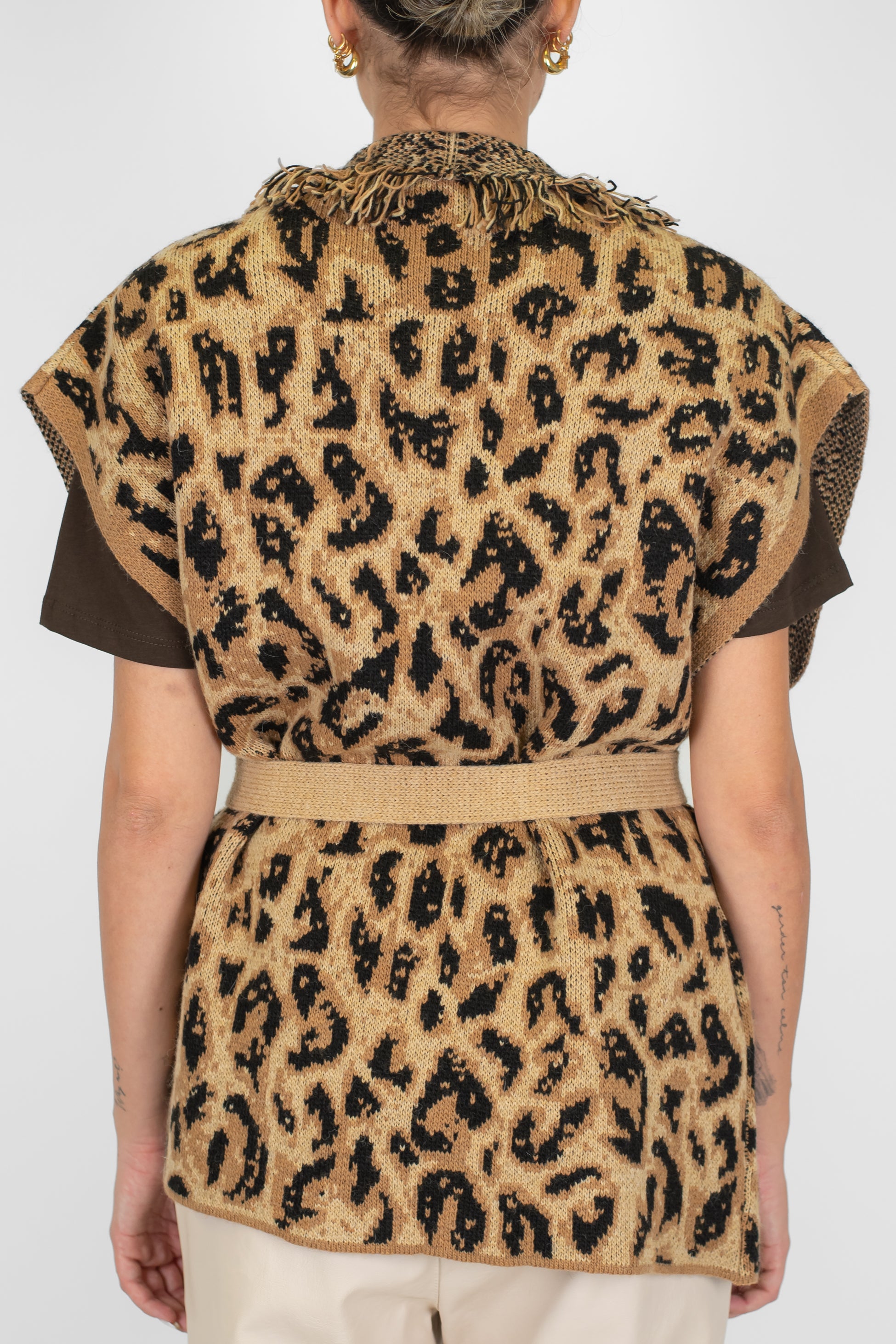 Haveone - Cardigan fantasia maculata giromaniche in misto lana con profilo frange e strass