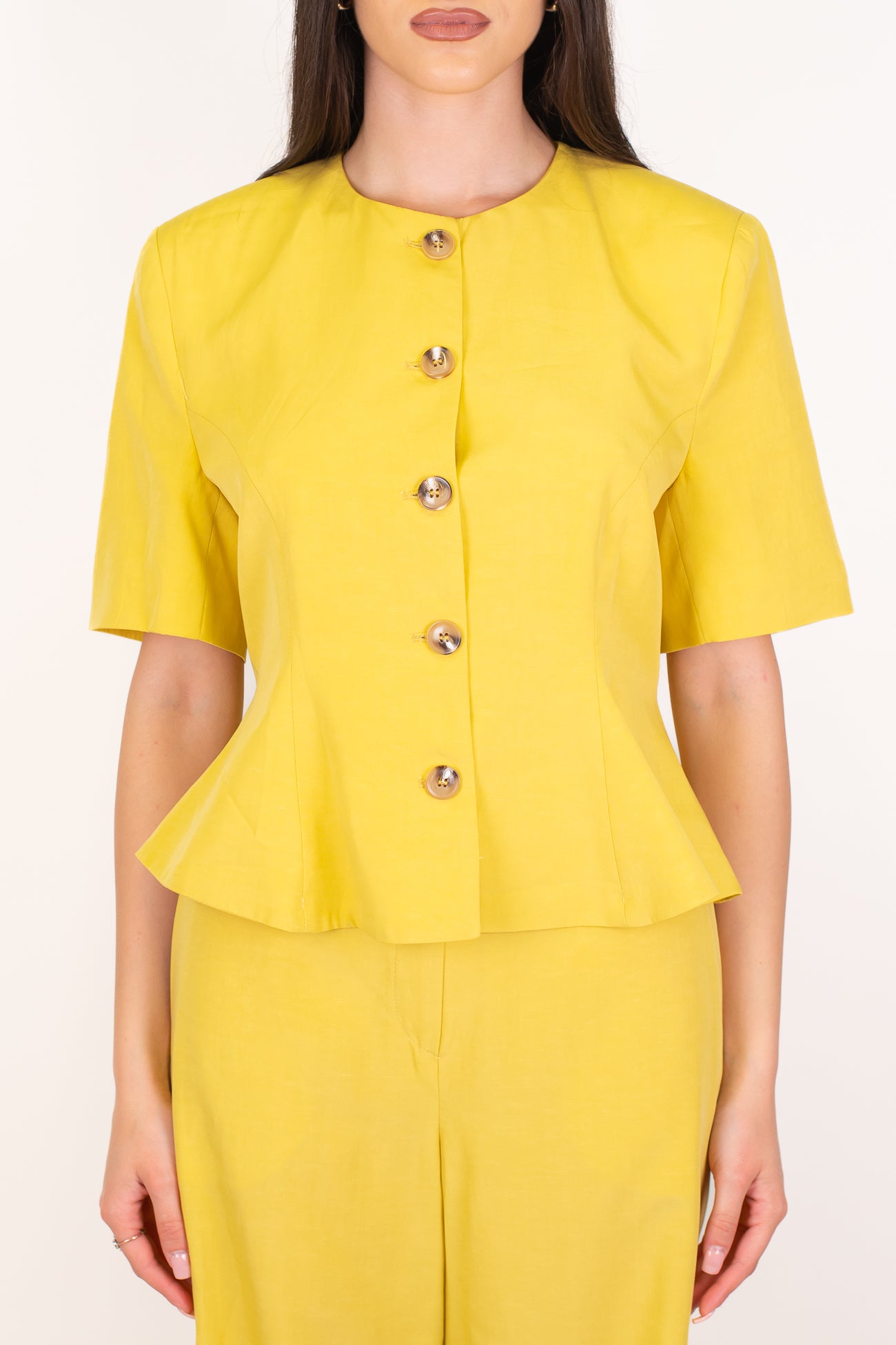 Motel - Coordinato in tencel con giacca girocollo mezzamanica e pantalone palazzo con elastico sul retro